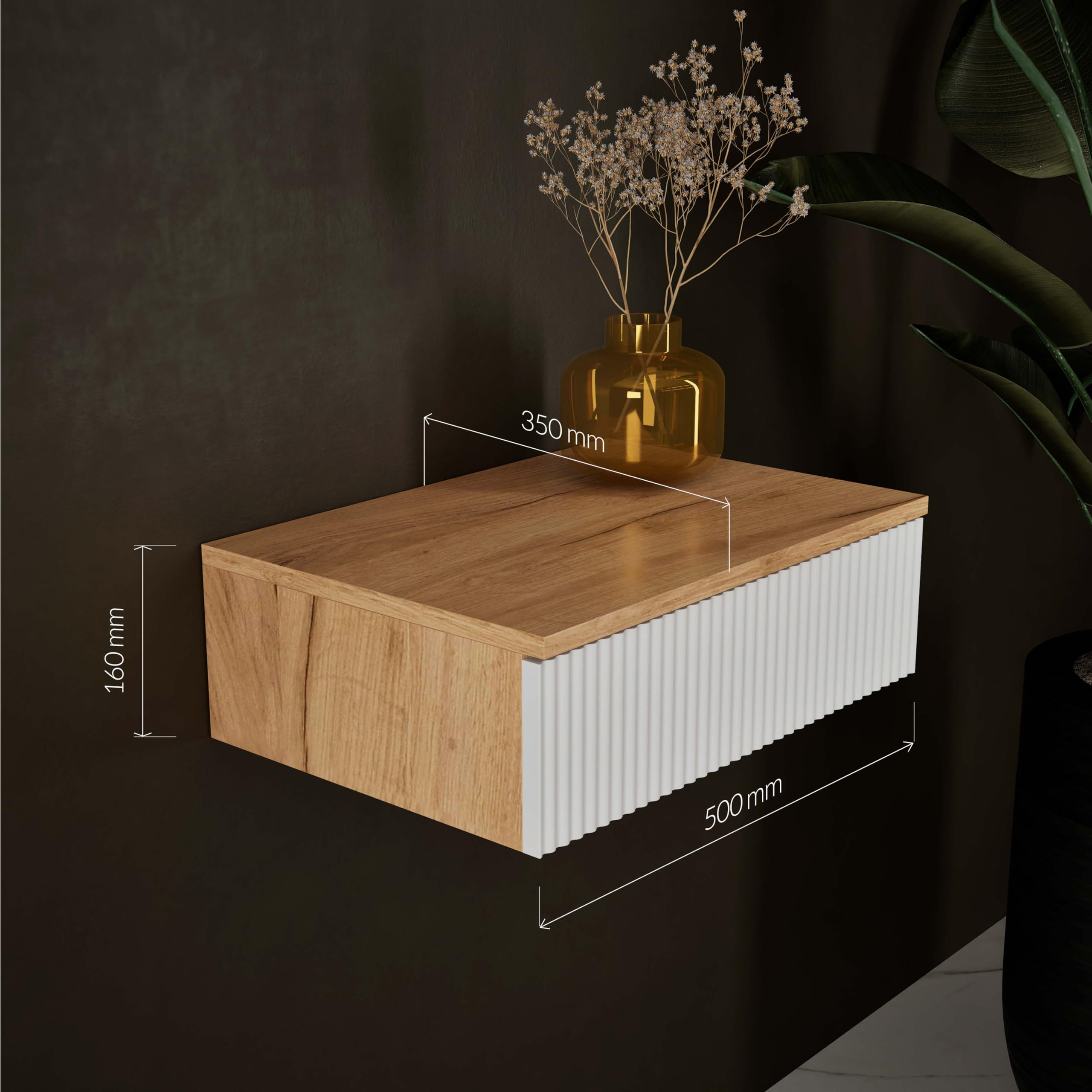 Planetmöbel Amyra Konsolentisch schmal mit Schublade, Wand-Konsole für Garderobe, Flur und Schminktisch, Gold Eiche/Weiß, Wandmontage, 50 x 16 x 35 cm