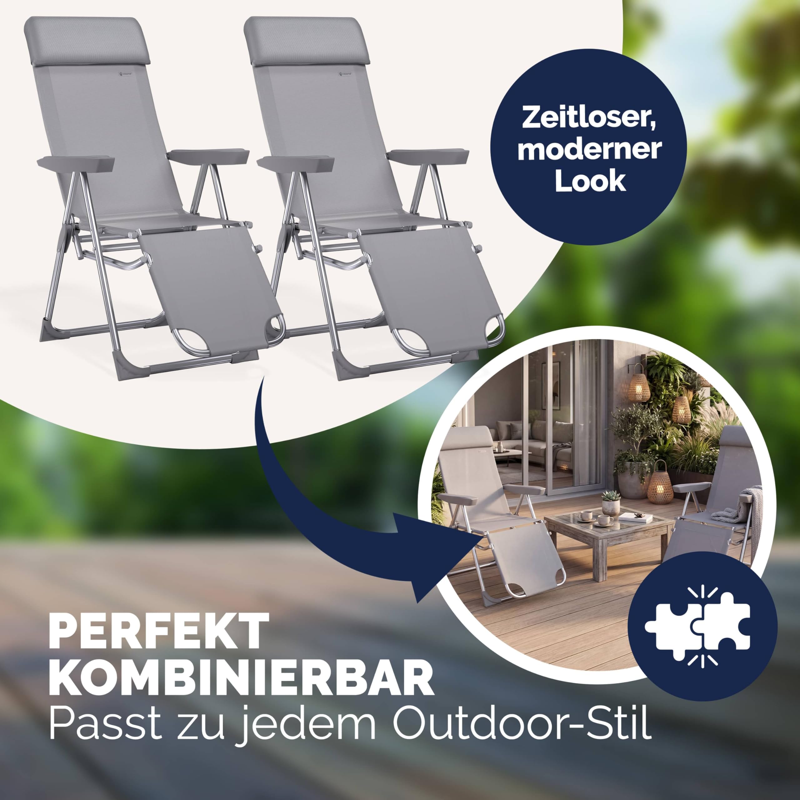 Casaria® Gartenstuhl mit Fußteil 2er Set 6fach Verstellbar Liegefunktion Alu Faltbar Klappbar Hohe Rückenlehne Campingstuhl Klappstuhl Hochlehner Grau