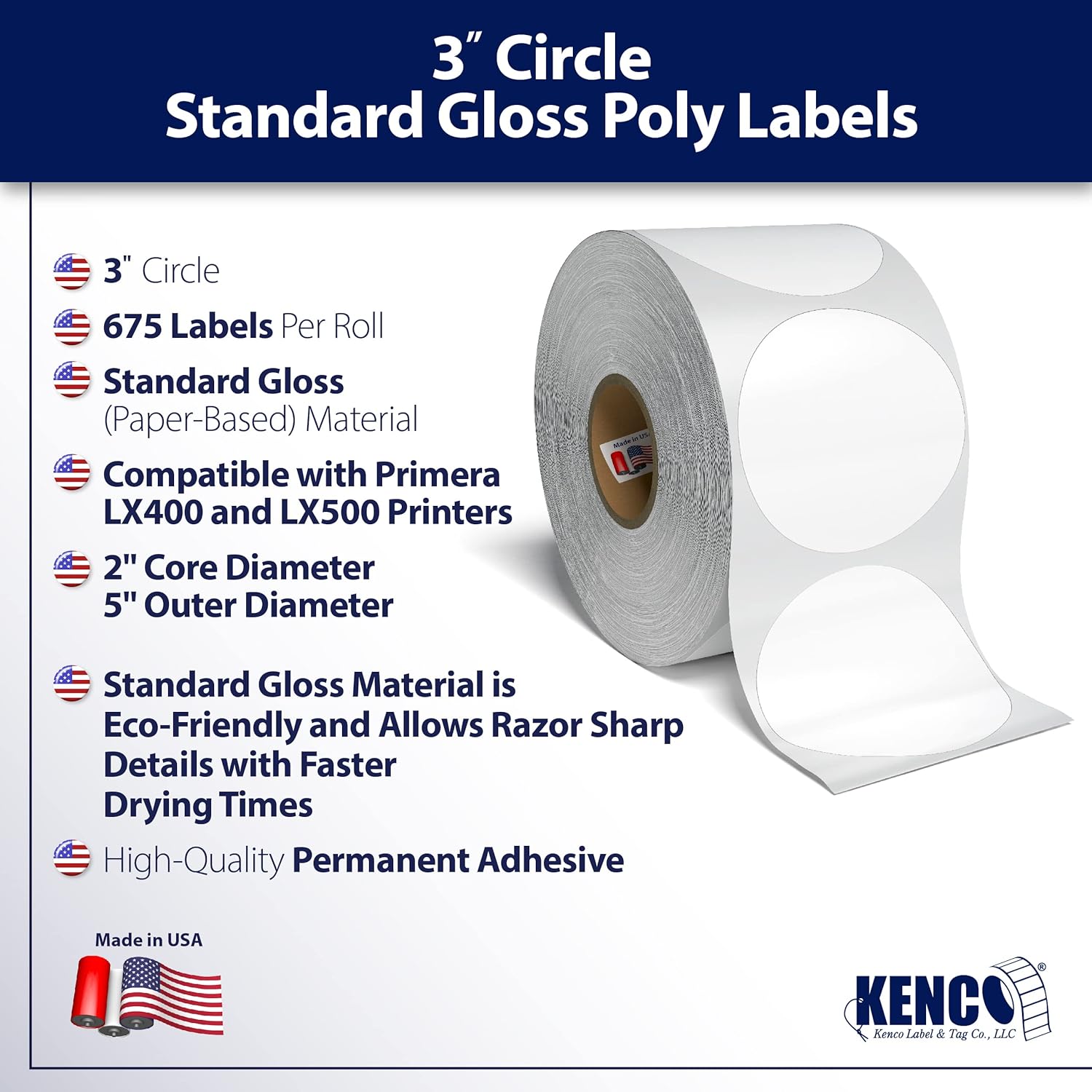Kenco Premium Roll Fed Inkjet Labels to fit LX400 and LX500 74273 and 74275 Printers - 2" Core, Made by Kenco in The USA (Gloss, 3" Circle)