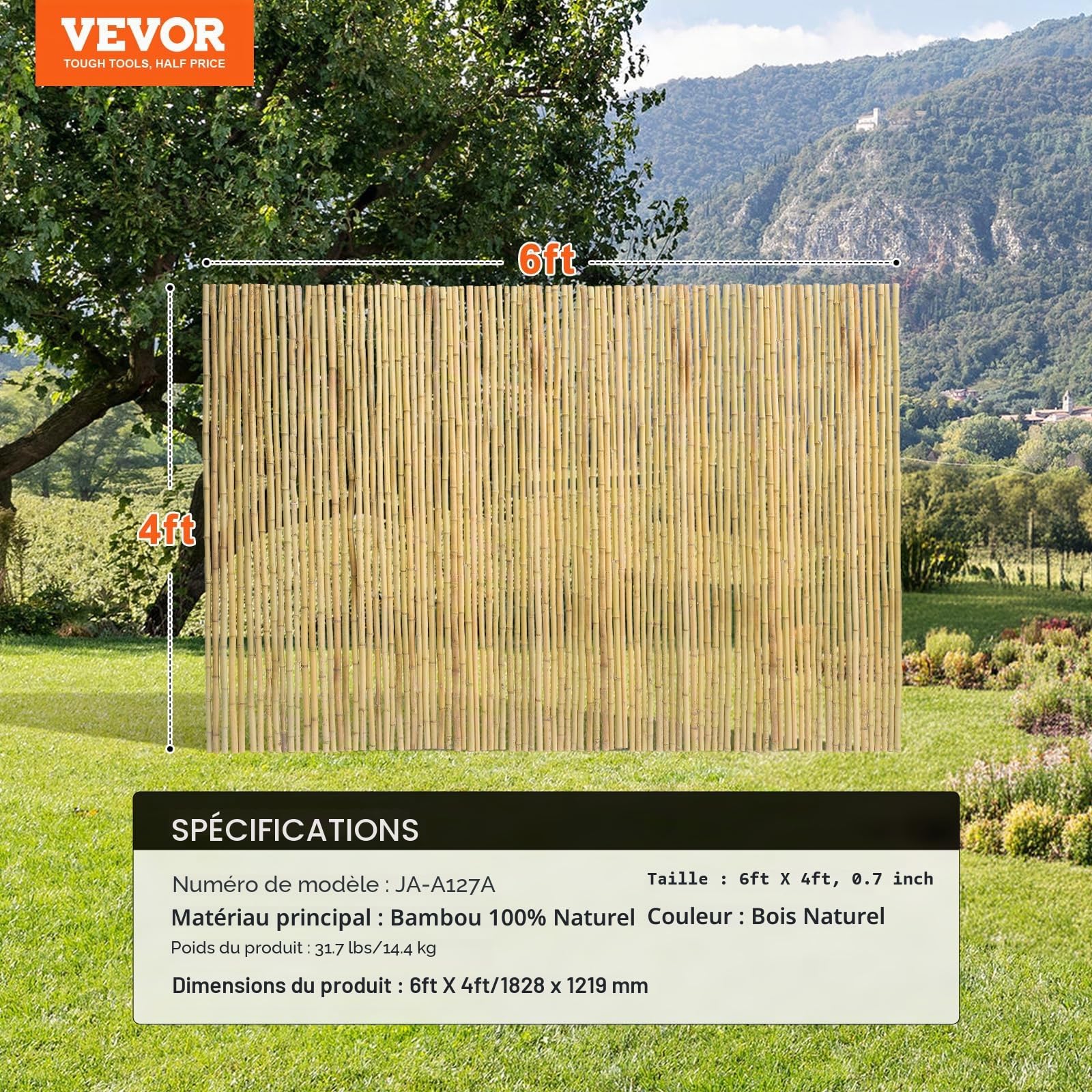 VEVOR Clôture en Bambou Naturel, 1,8 x 1,2 m, Brise-vue de Confidentialité, Rouleau Protection Décoratif en Bambou, Écran d'Intimité pour Jardin, Arrière-cour, Balcon, Patio, Bord de Piscine, Terrasse