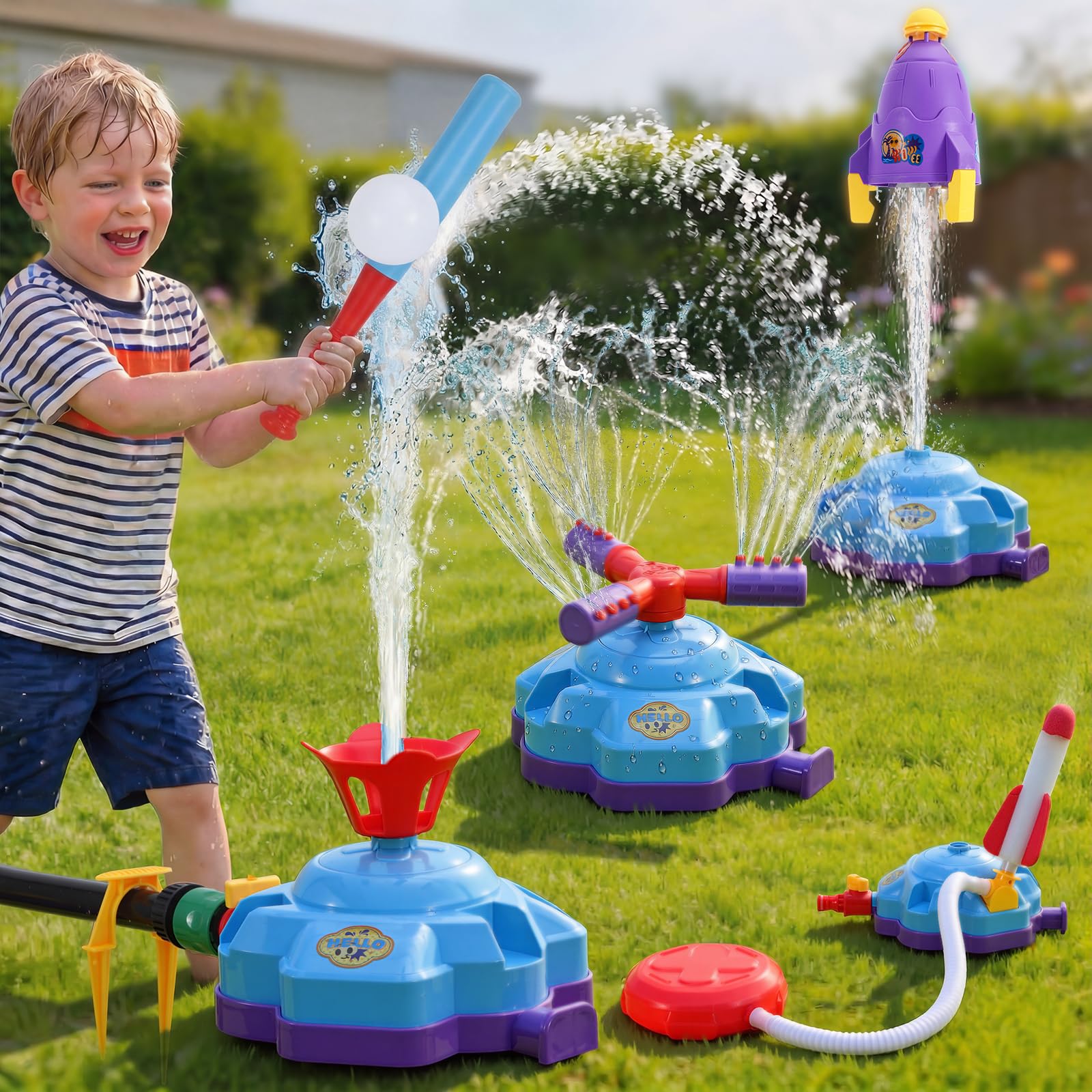 4-in-1 Water Sprinkler Baseball Rocket Toys for Kids Ages 4-8
