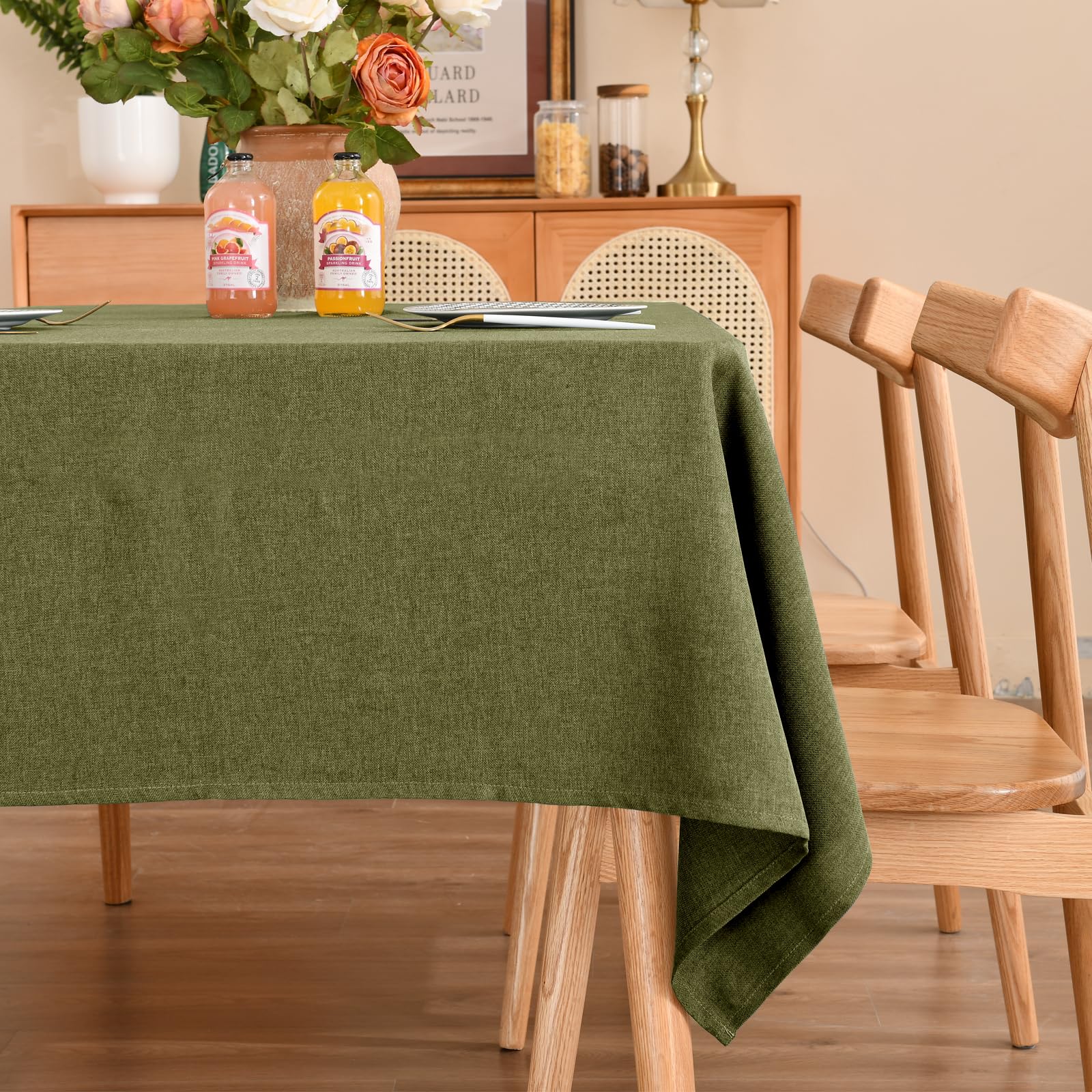 SEASHORE TREE テーブルクロス 撥水 おしゃれ table cloth 布 麻 リネン 145x300cm 防水 厚手 無地 北欧 丸洗い お手入れ簡単 家庭用 食卓用 耐熱 長方形 - オリーブグリーン
