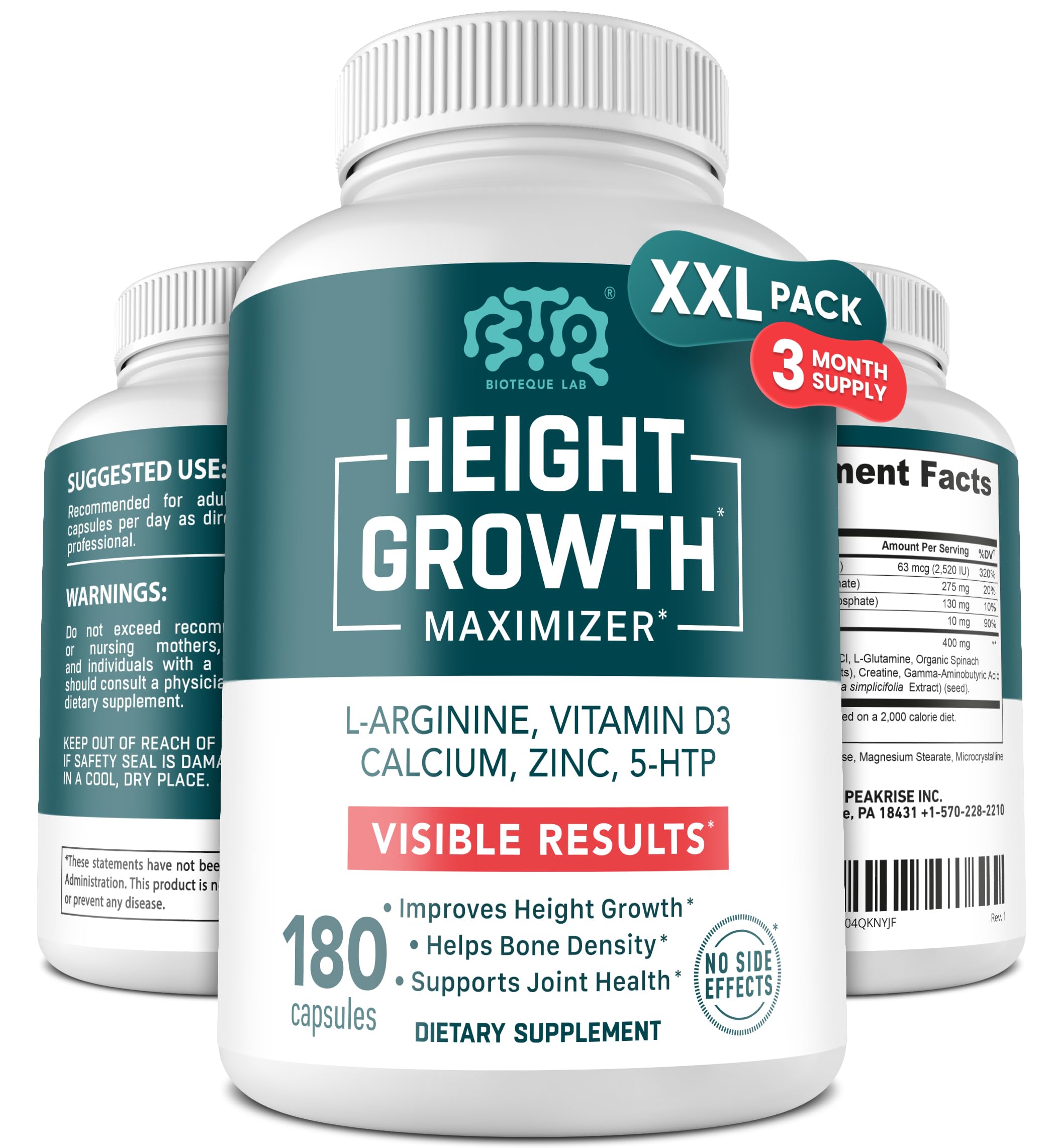 Height Growth Maximizer, Calcium, Vitamin D3 and Zinc Blend Pills, Bone Growth Supplement for Kids and Teens, Bone Strength, Density Support, GMO-Free, Gluten-Free, Made in USA, 180 Caps