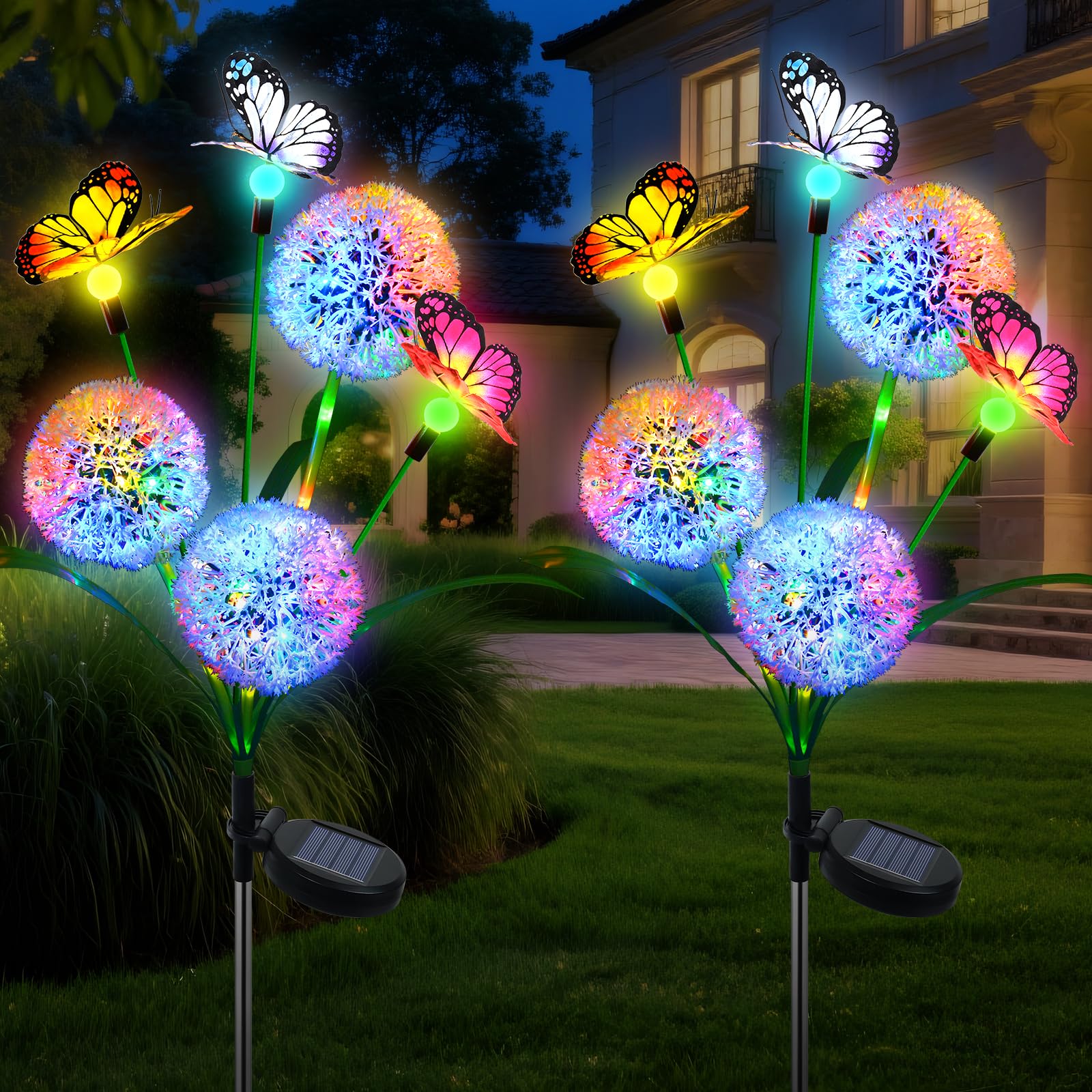 Solar Lights Outdoor Garden, 2 Pack Dandelion with Butterfly Lights, Waterproof Solar Powered Garden Pathway Light Outdoor