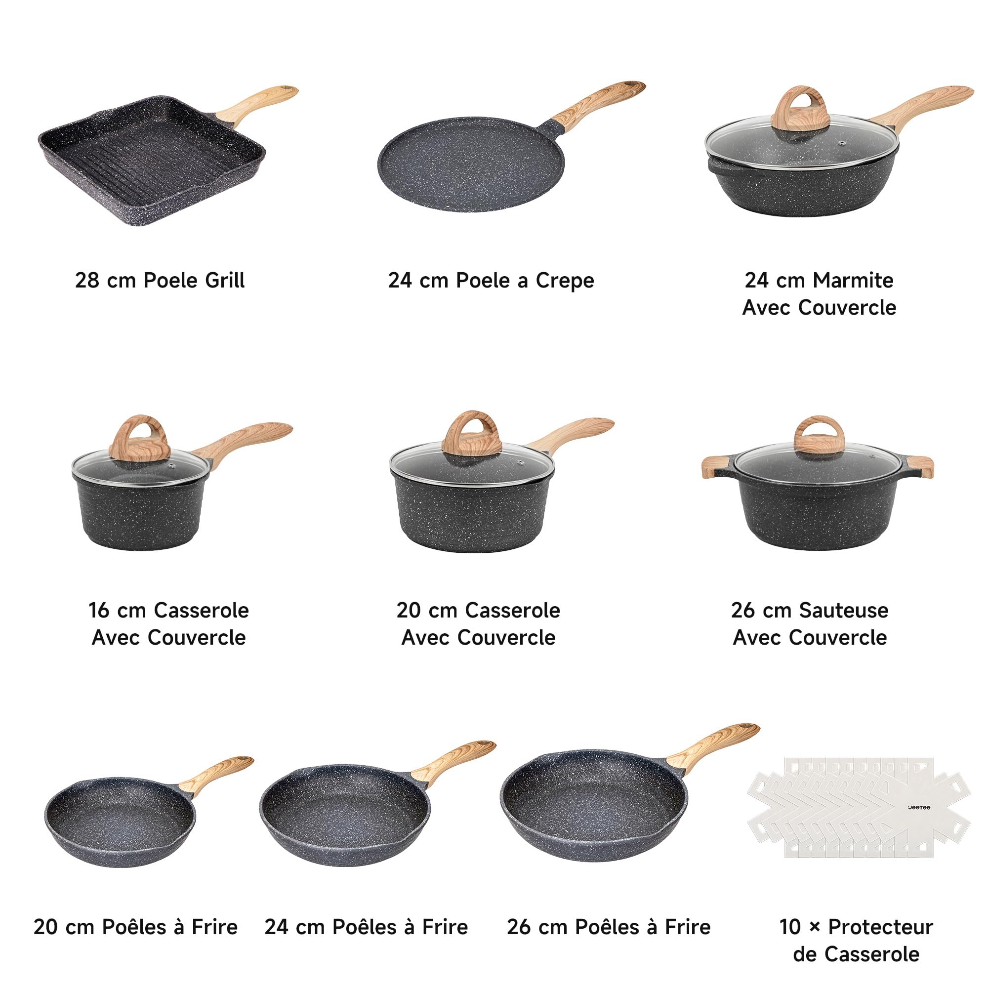 JEETEE Batterie de Cuisine Induction 23 Pièces, Lot Poêle et Casserole | Revêtement Antiadhésif Sain sans PFOA, Tous Feux, Diffusion Homogène de Chaleur, Nettoyage Facile pour Cuisine Maison