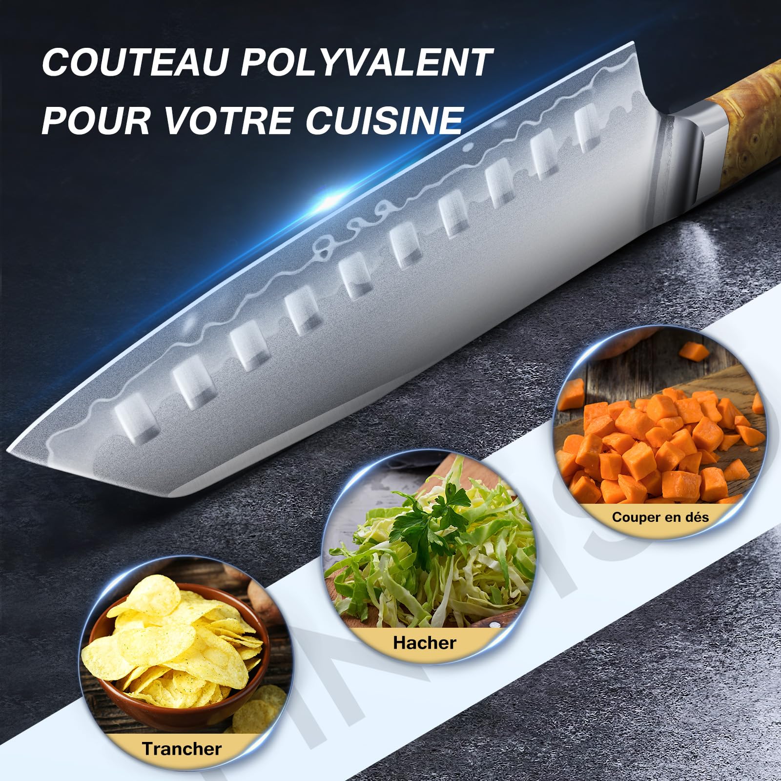 FINTISO Couteau Santoku 18CM Couteau de Chef Japonais Ultra Tranchant, Noyau en Acier en Poudre S35VN, Acier 7 Couches, Manche en Résine Céleste et Bois Stabilisé,Idée Cadeau Parfaite