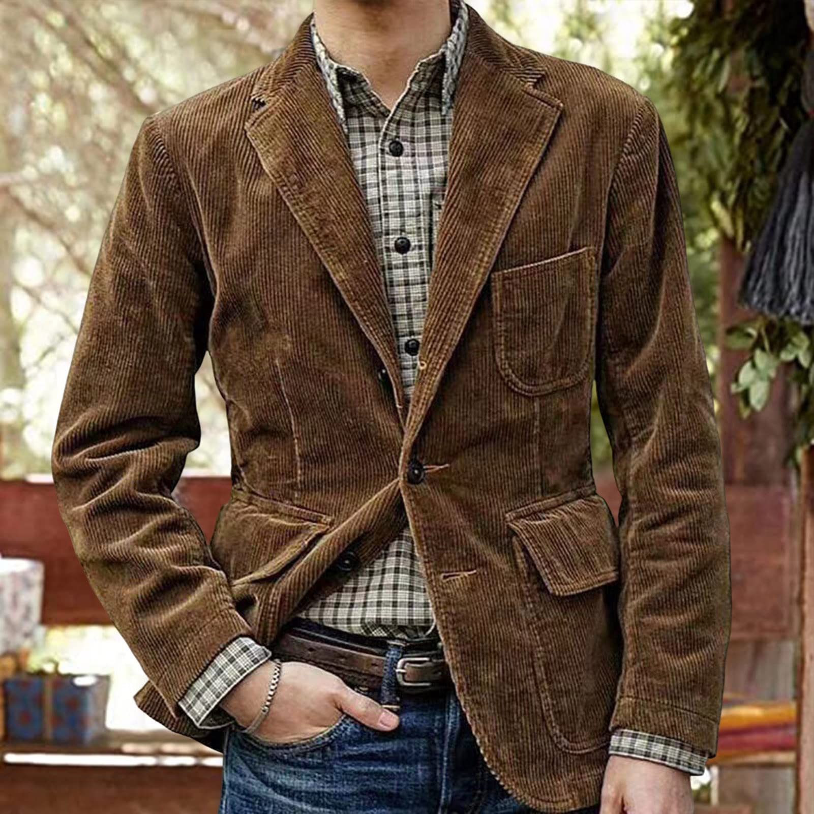 Chaqueta de hombre Abrigo de manga larga con solapa bolsillos de un solo pecho otoño invierno pana solapa traje de oficina chaqueta