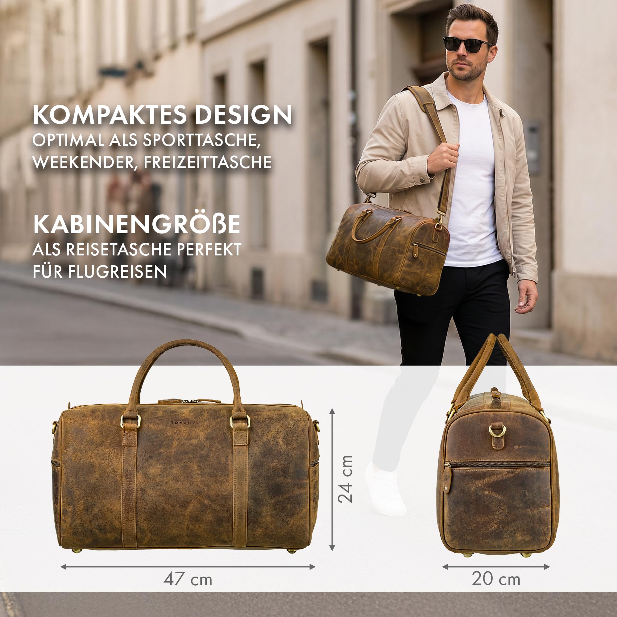 ROYALZ Palermo Echtleder Weekender Herren Leder klein zum Umhängen - Kleine Reisetasche Handgepäck Größe für Kurztrips Business Reisen und Premium Sporttasche;Farbe:Nevada braun