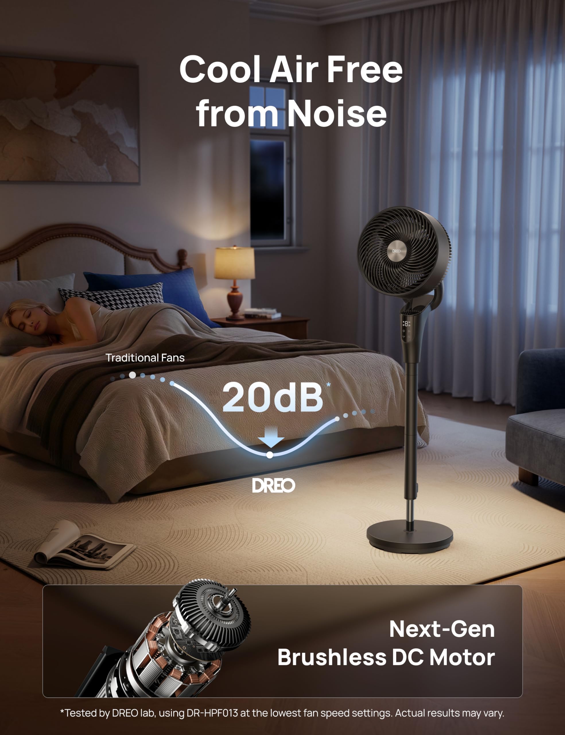 Dreo 80 ft elektrische staande ventilator voor slaapkamer, 25 dB stille pedestal fans met afstandsbediening, 80° oscillatie, 90° handmatig verticaal, 3 snelheden, 34-41 inch verstelbare hoogte, 6 uur