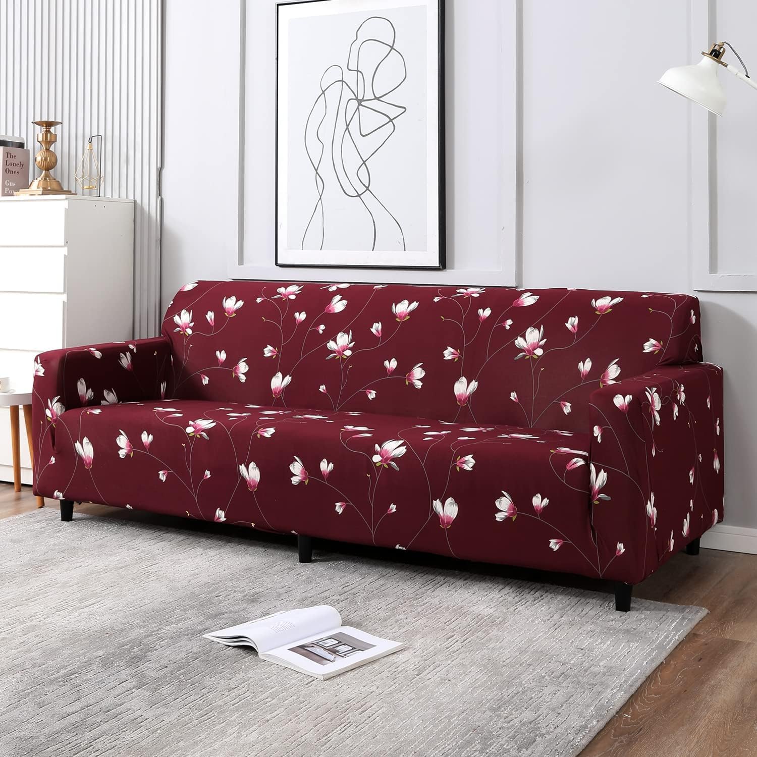 HOKIPO Sofa Cover 4 Seater Fully Covered, Wine Red Flowers