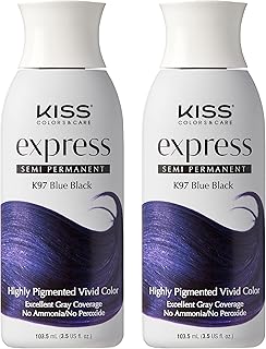 Kiss Express Semi-Permanent Hair Color – Vivid, Highly Pigmented Dye for Vibrant Hair, Gentle Formula, Gray Coverage, pH Balanced, 23 Intermixable Shades, All Hair Types (3.5 oz, Blue Black, 2 Count)