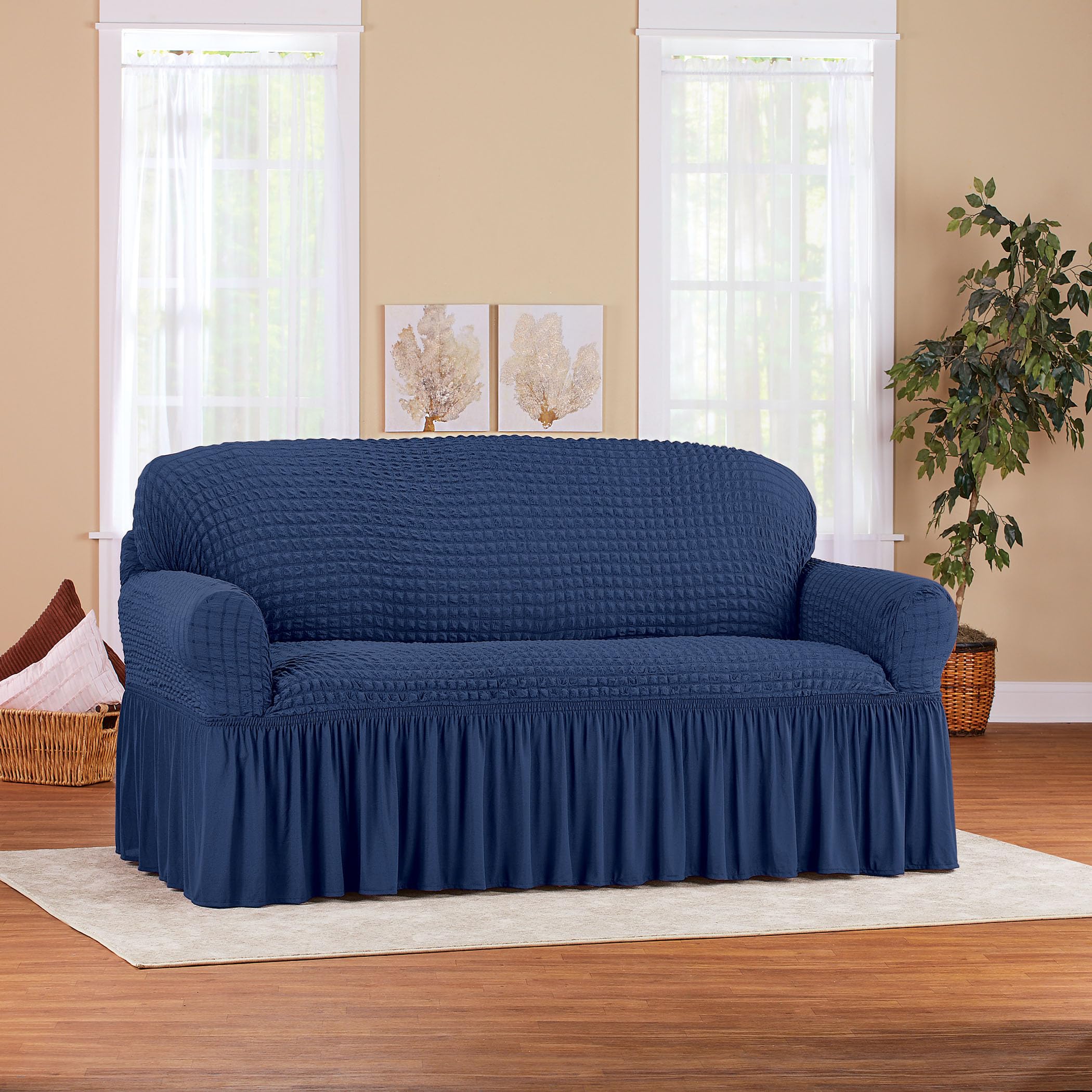 Collections Etc Textured Squares Ruffled Slipcover Navy Loveseat