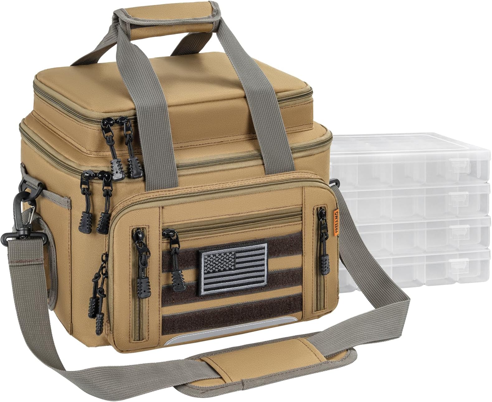 Fishing Tackle Bags with 4 * 3600 Tackle Trays - Saltwater & Freshwater Fishing Gear Bag Padded Shoulder Strap Tackle Box Bag (Kahki)