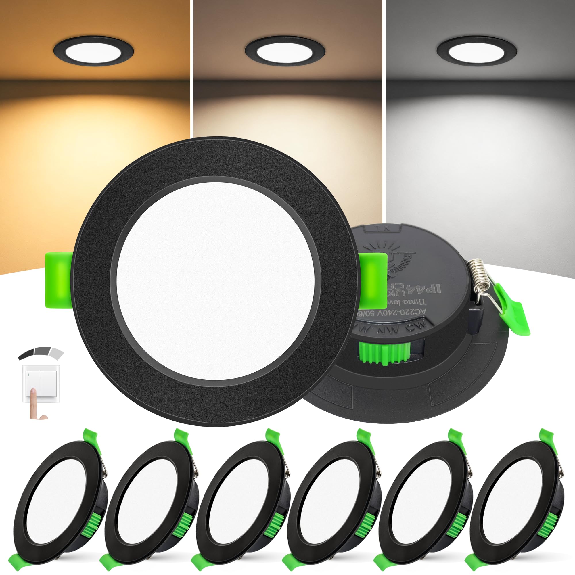 Laiebri Confezione da 6 Faretti LED Incasso Extra Slim 25mm, 6W, Soffitto Dimmerabili 3 Intensità Senza Dimmer, 2700K/4000K/6000K, IP44 Faretto LED Bagno Cucina, Foro Ø58-68mm, 230V, Nero