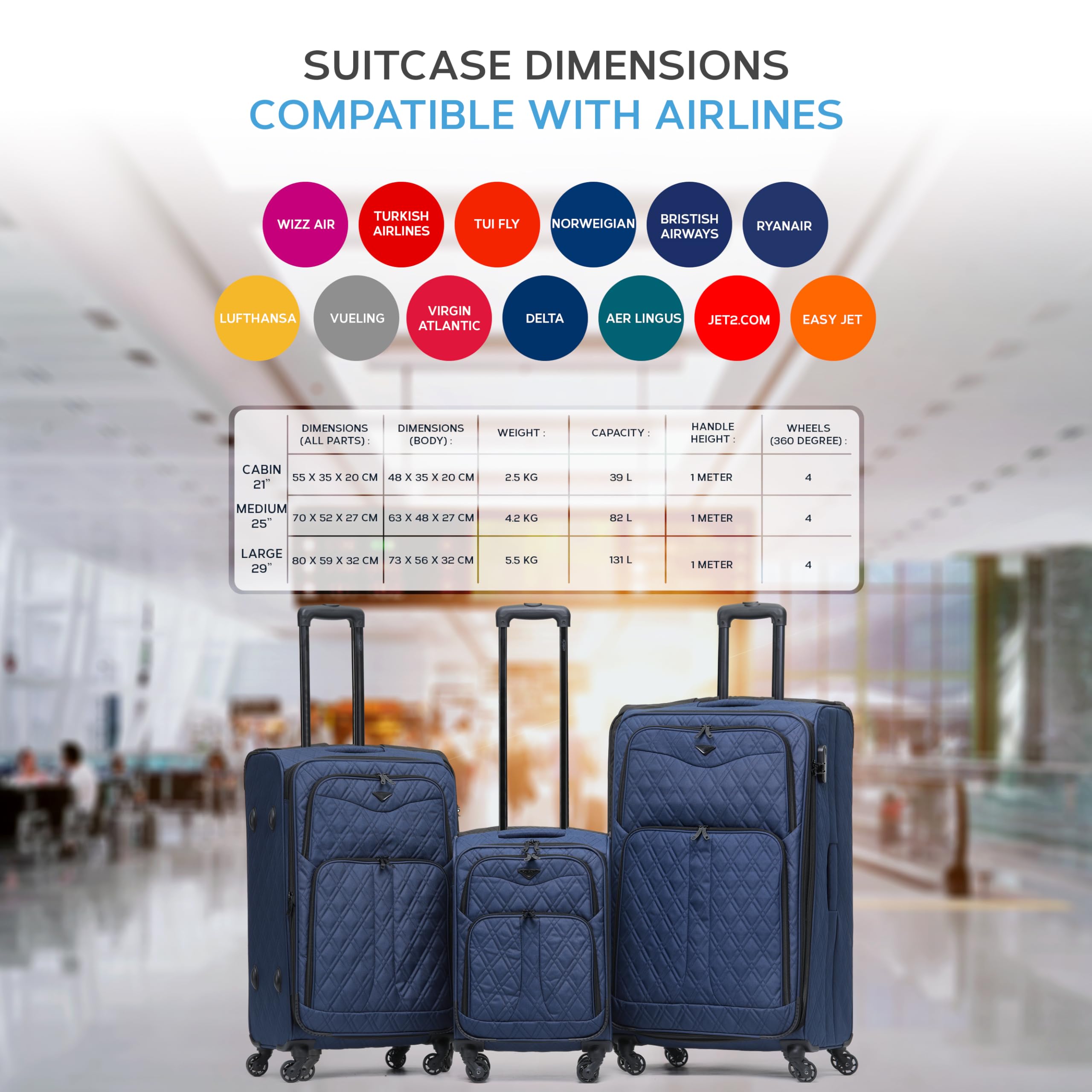 Flight Knight Lightweight 4 Wheel 800D Soft Case Quilted Suitcases Anti Crack Cabin & Hold Luggage Options Approved for Over 100 Airlines Including easyJet, BA & Many More!