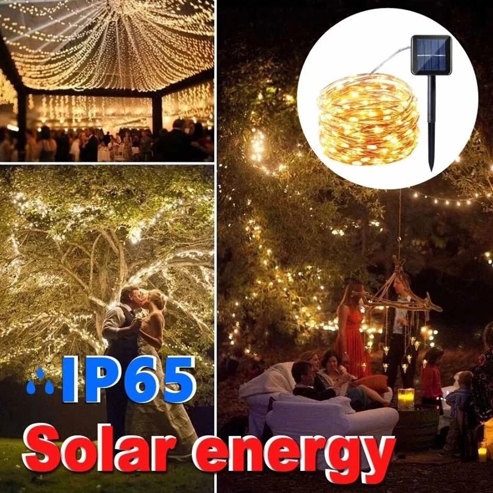 Solarny łańcuch świetlny na zewnątrz, 100 diod LED na zewnątrz migające światła wodoodporne, 8 trybów oświetlenia, miedziany drut światła na podwórku drzewo ogród ogrodzenie basen impreza, biały