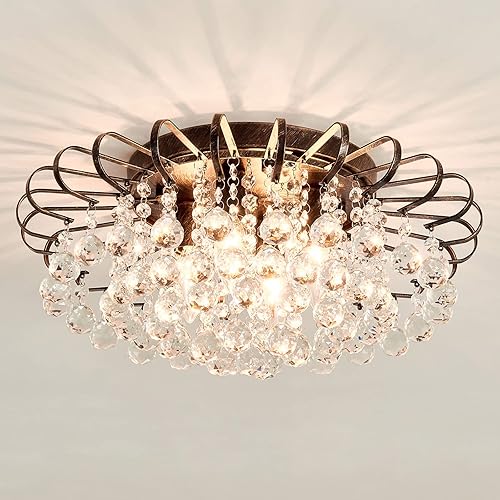 CVKASH Candelabro floral de cristal de 4 luces moderno de bronce montaje empotrado con cristales en forma de gota de lluvia, luminaria de techo