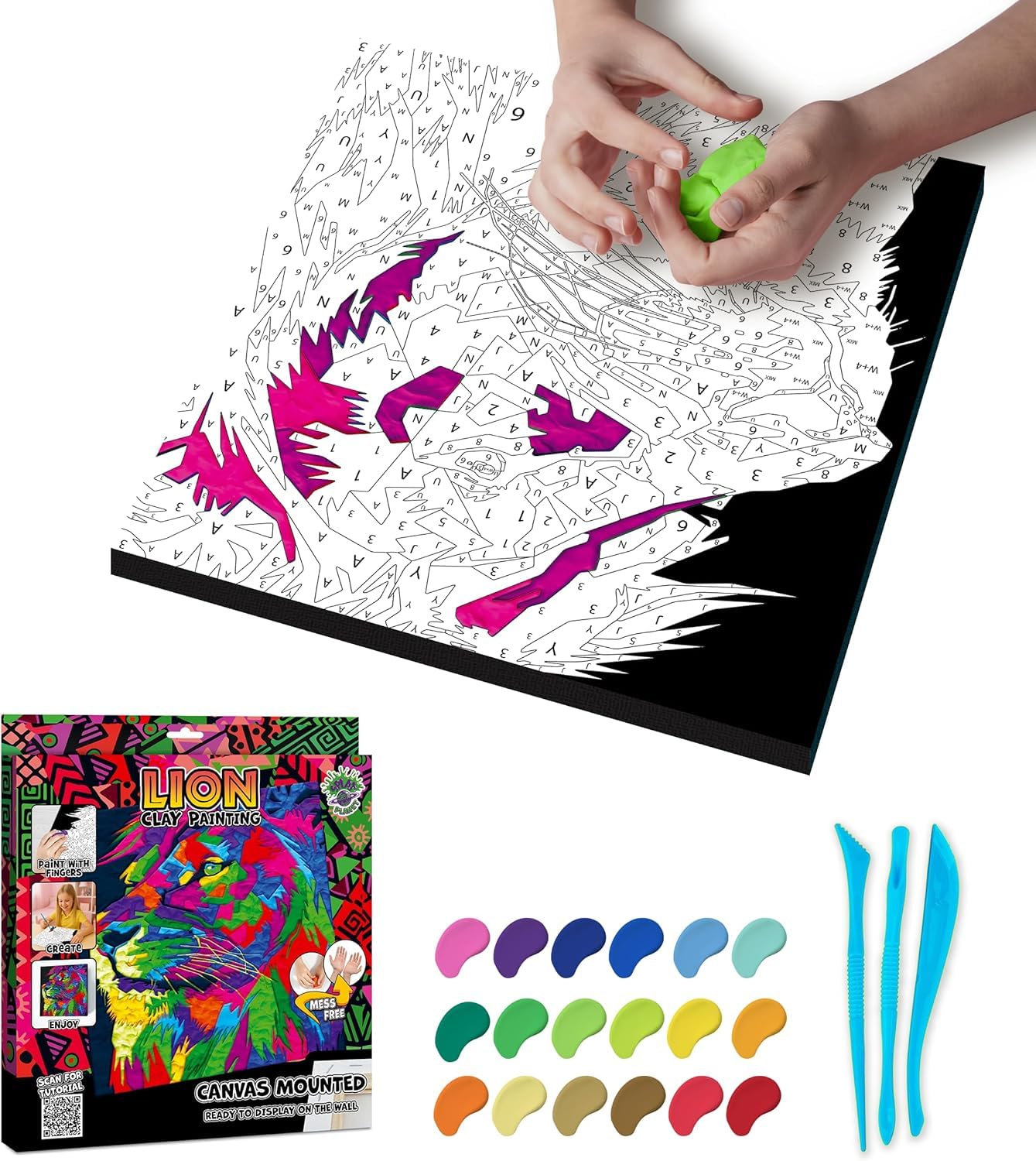 Splat Planet - Mess-Free Lion Clay Painting Kit, Air Dry Clay Modelling Kit, Sensory 3D Canvas Fun Arts and Crafts for Kids, Pre-Framed 30x30cm (12x12 inches)