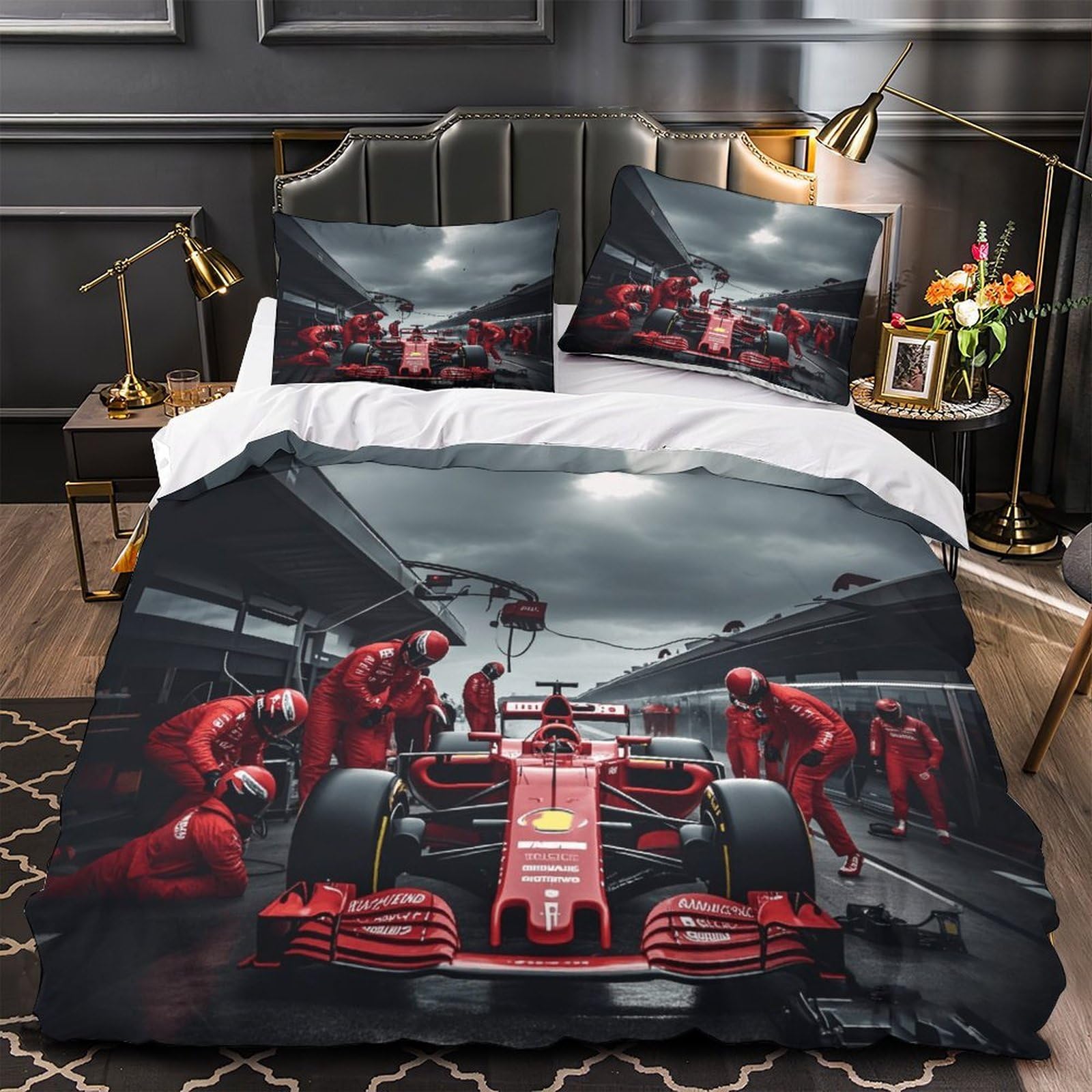 XiaopangXY Breathable Super King（260x220cm） Formulaa Racing Quilt Cover Set With Hidden Zipper, Pit Stop Duvet Cover Set with Pillowcases Bedding Set Soft Microfiber