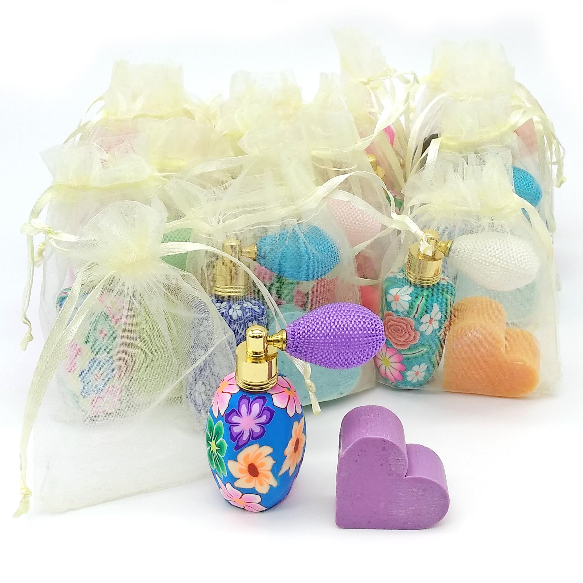 Pack ahorro 25 unidades - Detalle invitados: Perfumero de tocador y jabón arómatico en bolsa de organza - Regalo para eventos: Comuniones, bautizos, bodas y cumpleaños - Hecho en España