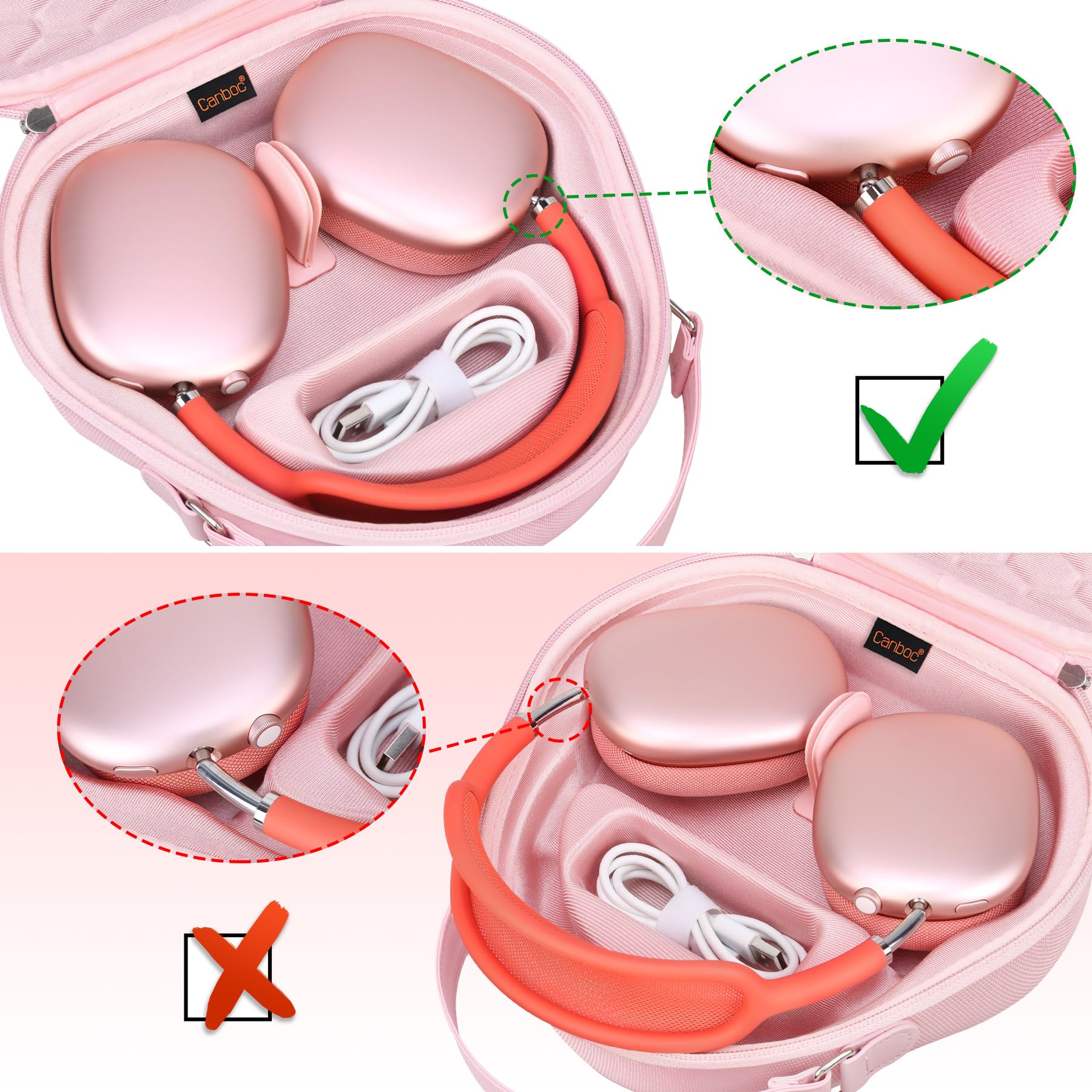 Canboc Max Custodia per Max Cuffie Over-Ear wireless, Custodia per cuffie smart da viaggio, Spazio extra adatto al cavo, Caricabatterie, Upgrade-Rosa (Tessuto)