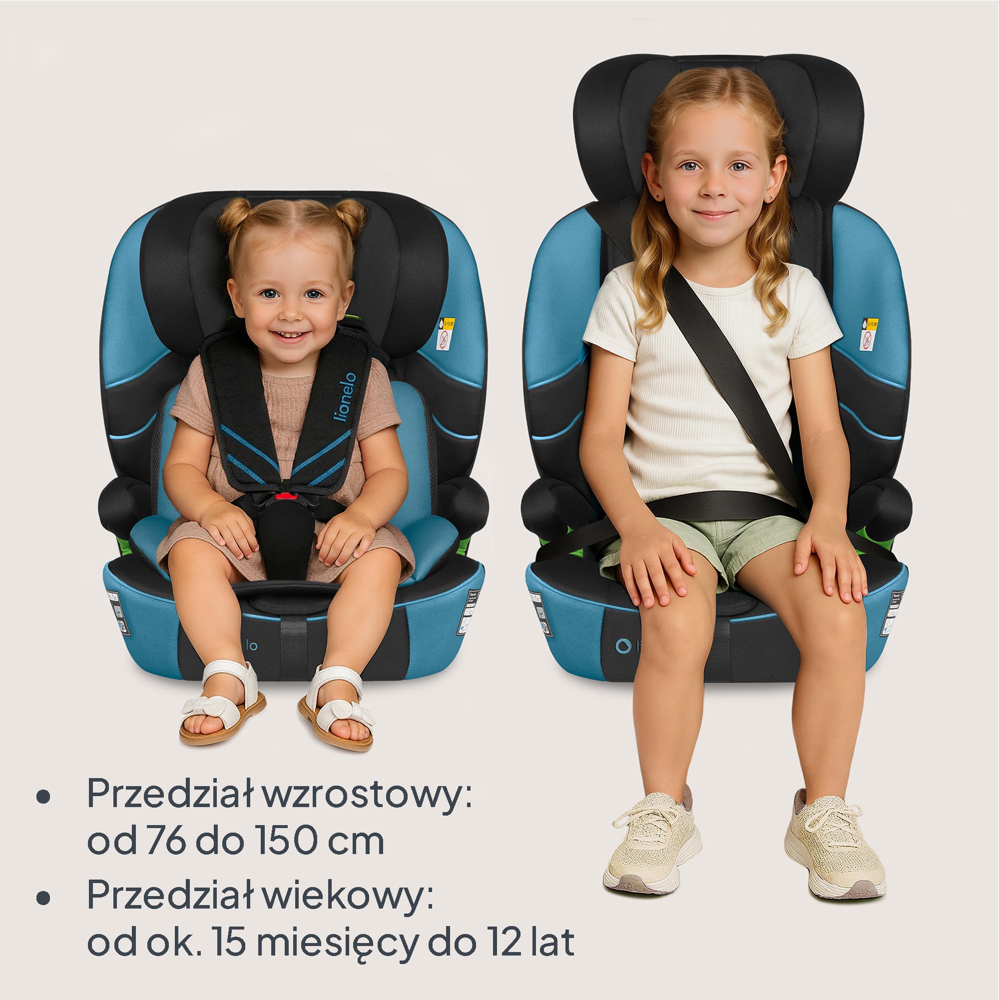 LIONELO LEVI FIX I-SIZE Dziecięcy Fotelik Samochodowy 76-150 cm do 36 kg, Grupa 1 2 3, Ochrona Boczna, 10 stopni Regulacji Zagłówka, Montaż ISOFIX i pas Top Tether, R129 i-Size