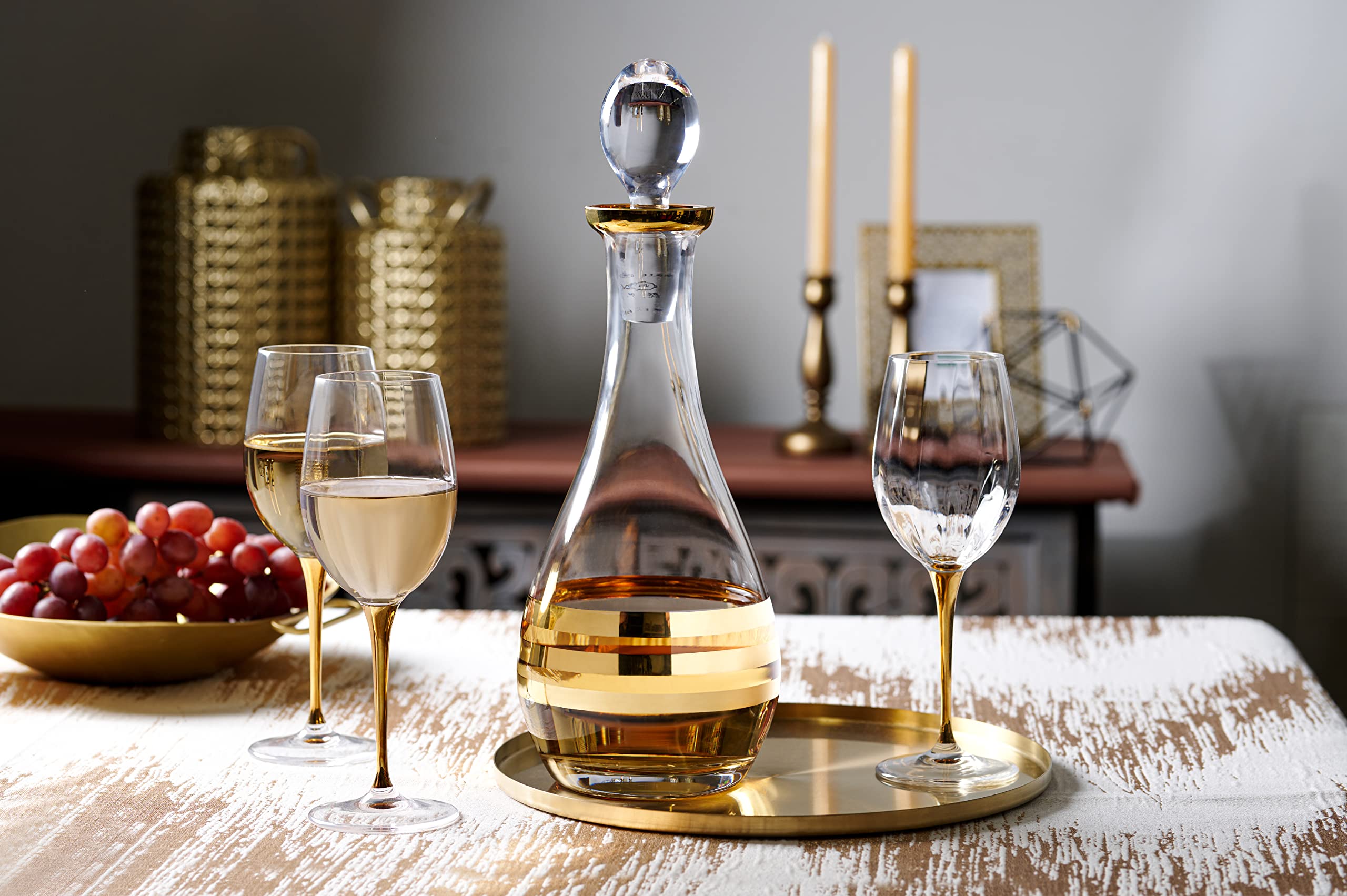 Barski - Decantador de vino de cristal con tapón - jarra - para rojo - blanco - vino - diseño de rayas dorado - cristal de 40 onzas - fabricado en Europa - por Barski