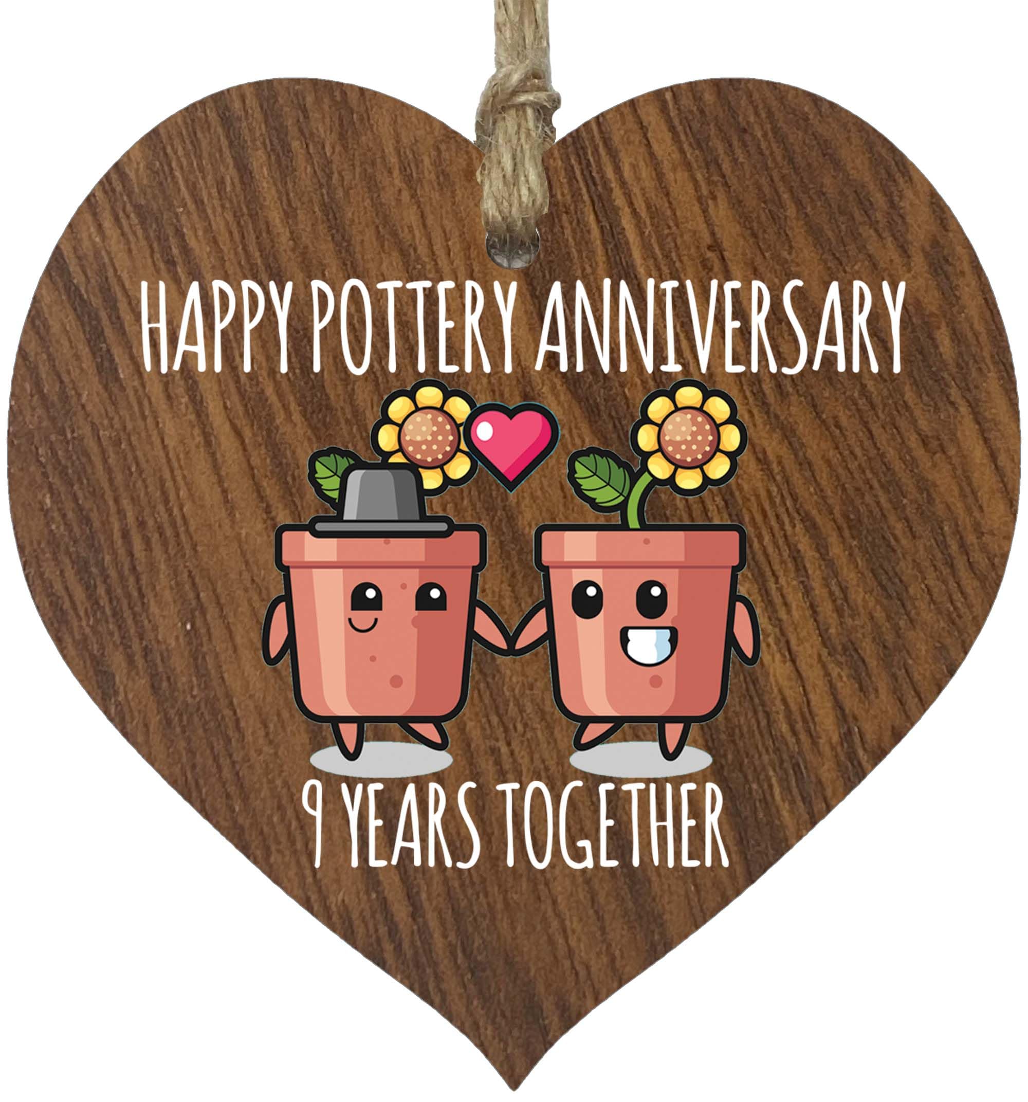 9th Wedding Anniversary Plaque Gift for Husband Wife - 9 Years Together - Happy Willow Anniversary Wooden Heart for Women Men Partner, Dark Wood Sign Keepsake Gifts