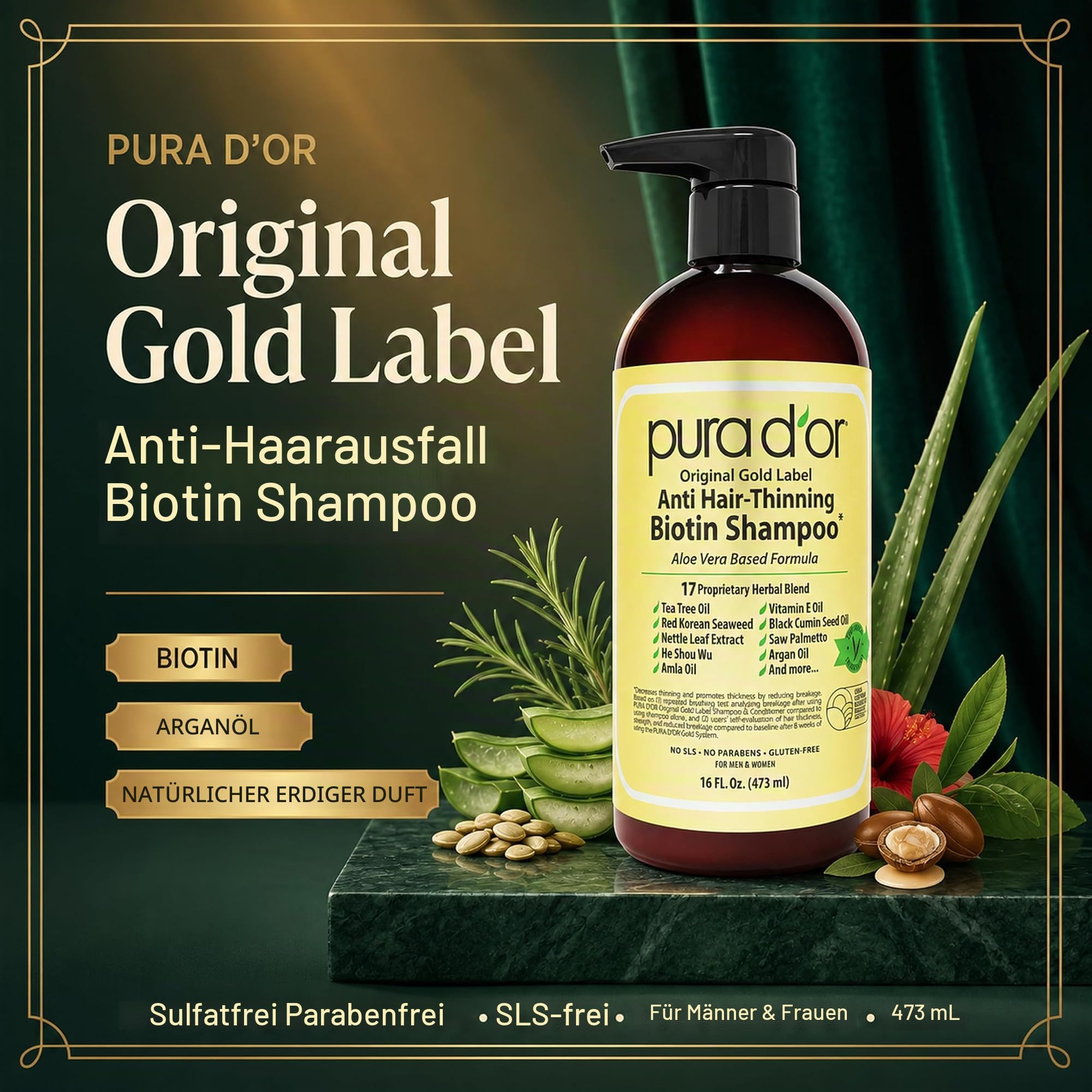 PURA D'OR Haarschadensverhütung Premium Bio Arganöl Shampoo (Goldener Aufkleber), 16 Flüssigunzen