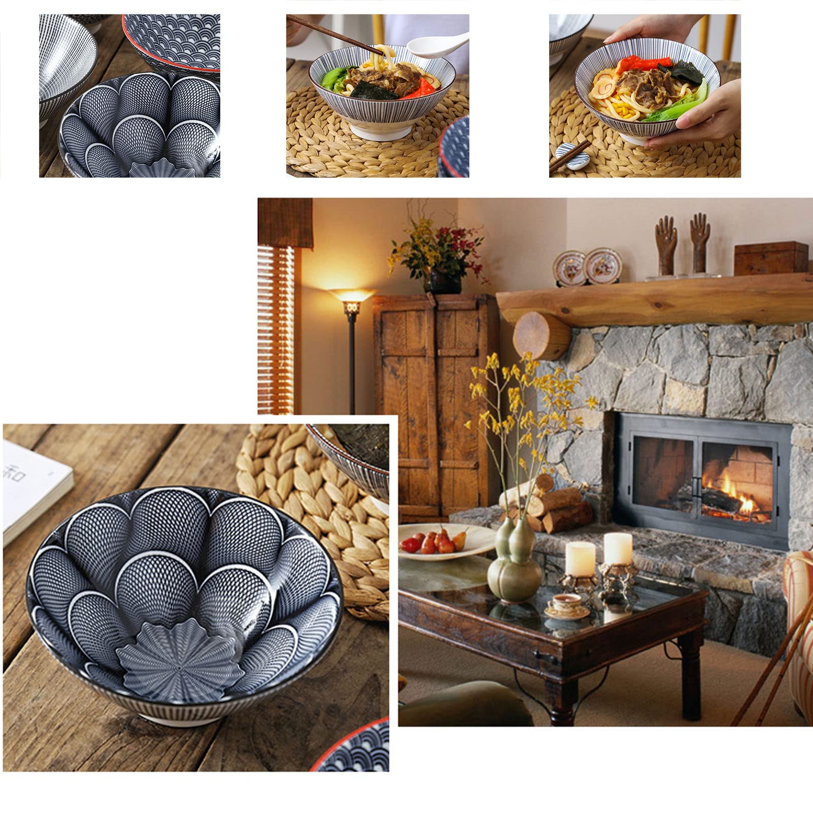 Conjunto de tazón de cerámica con fluidez, Cuencos de Sopa de época 30 oz para Cereales, Ensalada, Pasta, Sopa, lavavajillas Caja Fuerte de microondas - Conjunto de 4 (Multi)