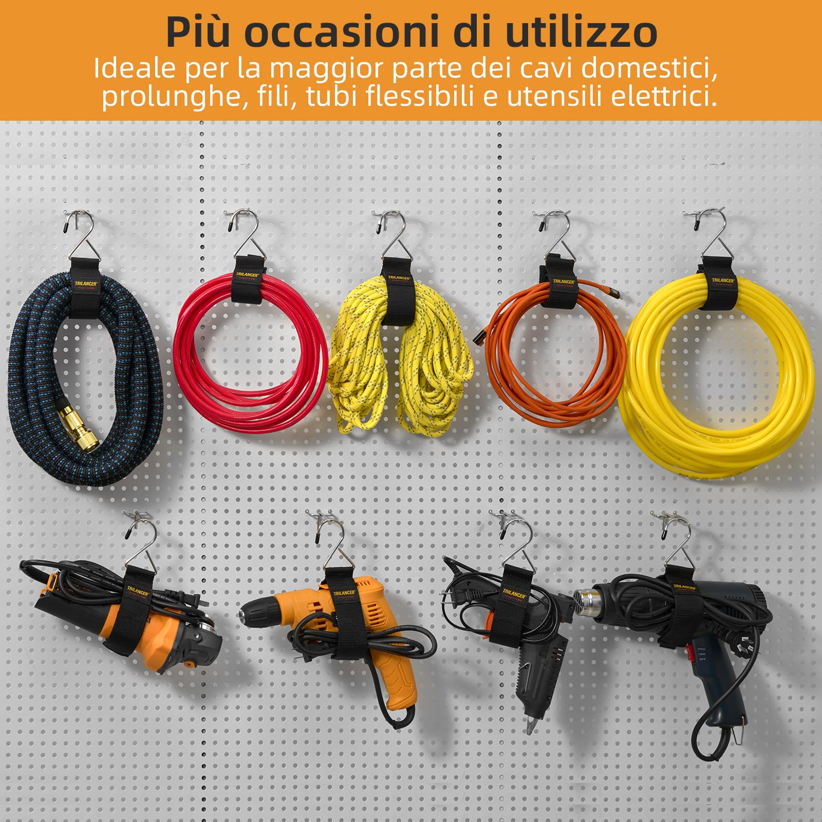 Trilancer Organizzatore per Cavi 6 Pezzi Cinghie con Gancio in Metallo da Parete