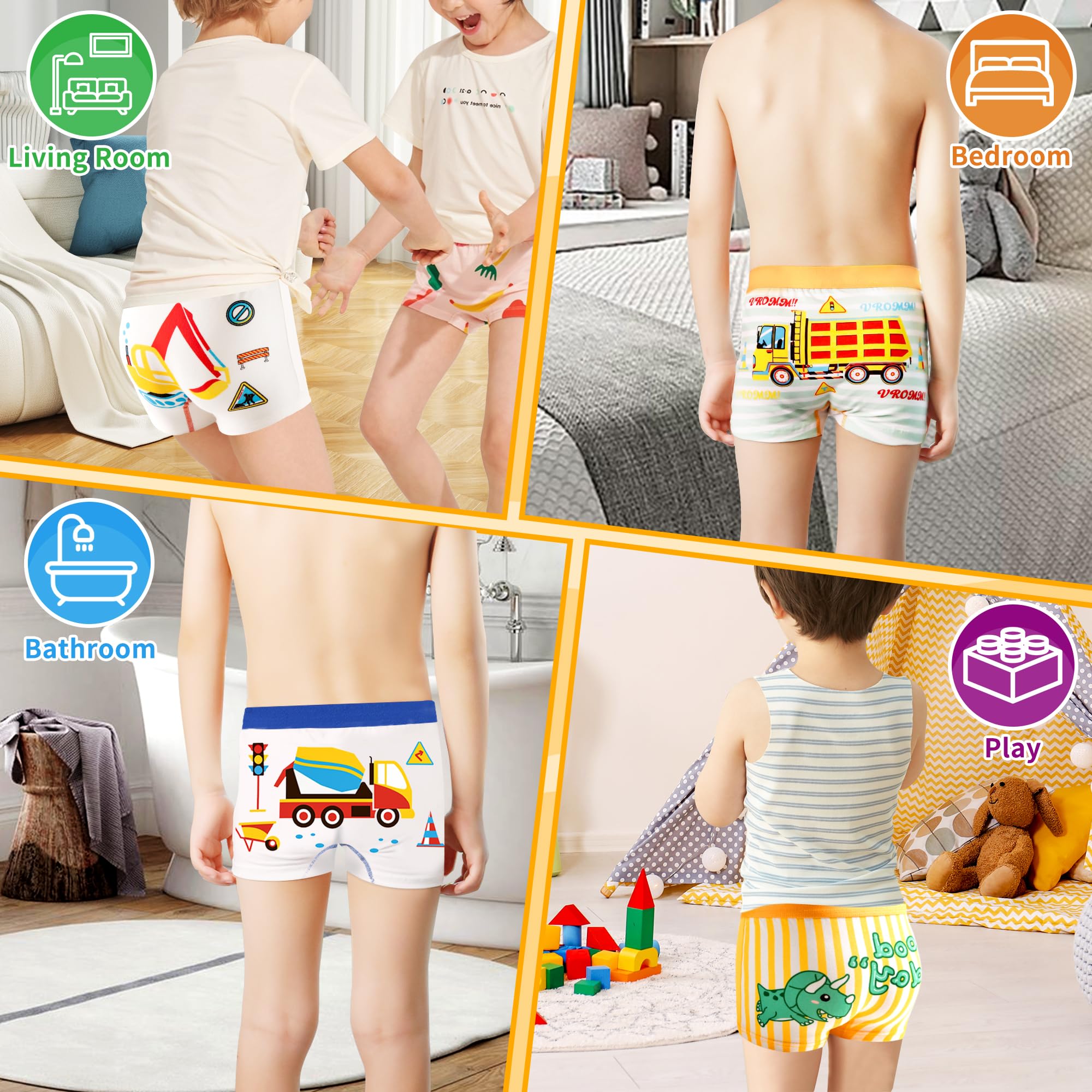 Calzoncillos Niños Infantil Algodón Bóxer 8 pack Dinosaurio Astronautas Excavadoras Coche Patrón Ropa Interior Elástica Tipo Bóxer Suave Transpirable Calzoncillo Conjunto para Pequeños 3-8 años