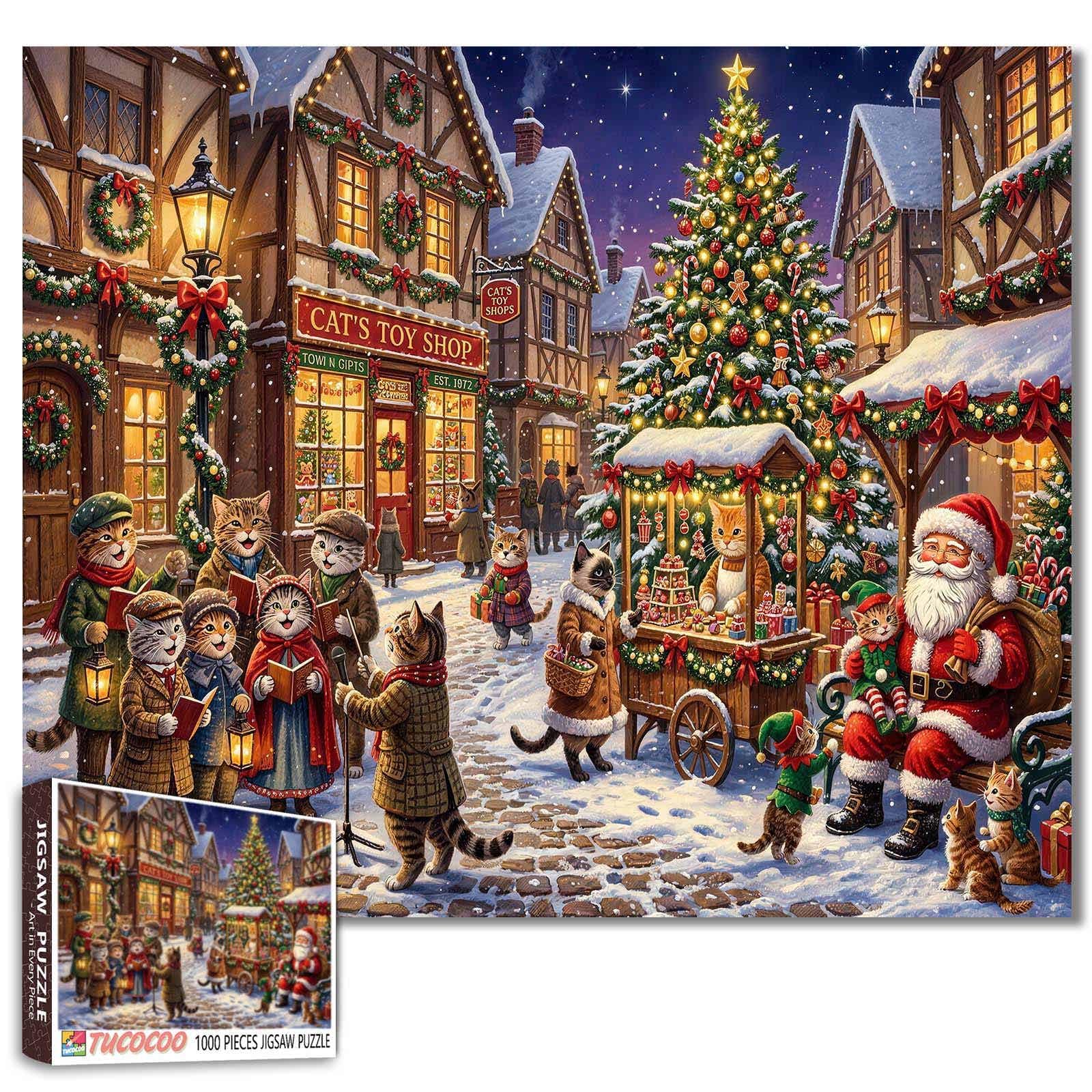 Santa Claus Christmas Cat Jigsaw Puzzles for Adults 1000 Pieces Festive Village Scene Snowy Street DIY Puzzles Family Games Holiday Wall Decor Gifts 19.7 x 27.6 Inch โ image 1