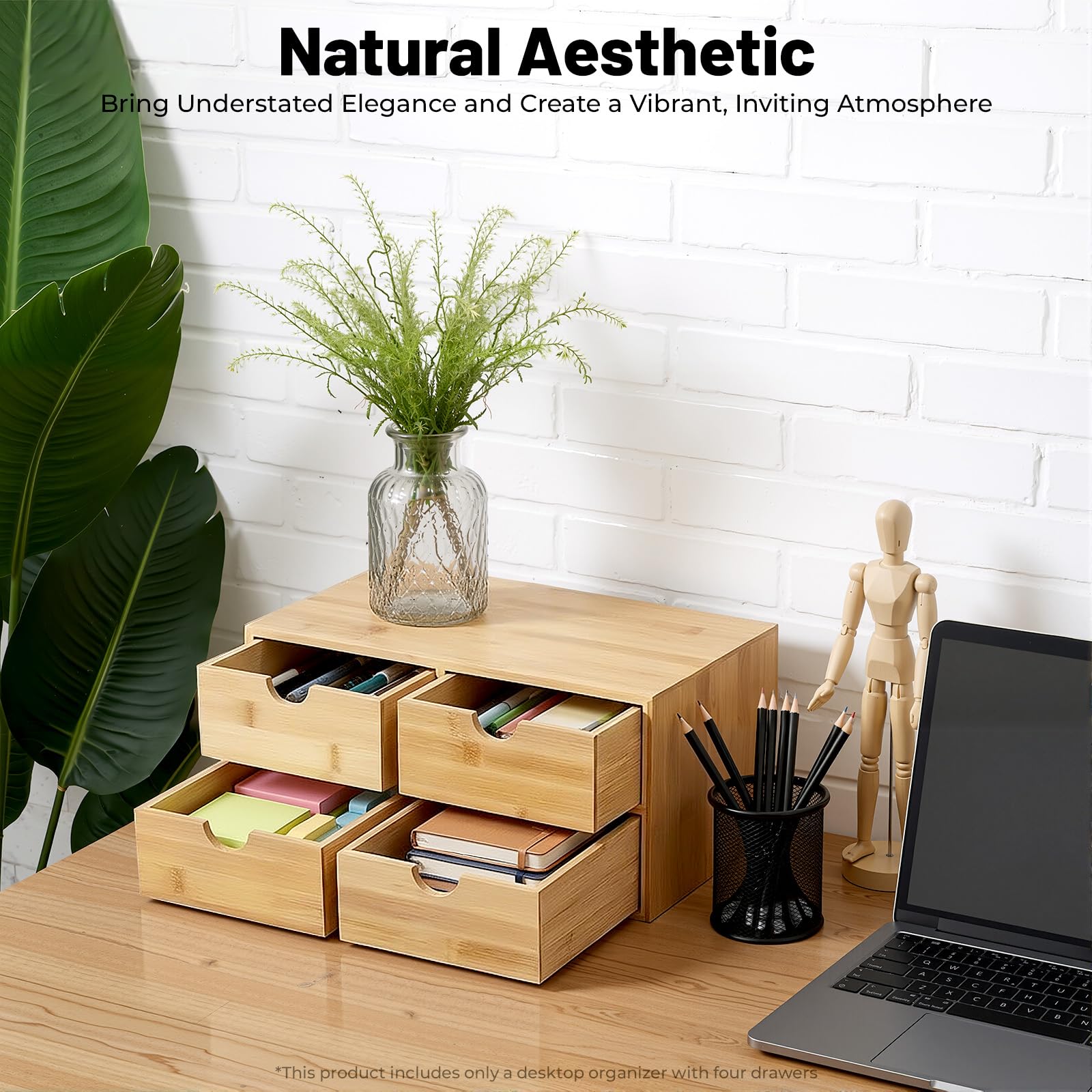Schreibtisch Organizer Aus Bambus Mit 4 Schubladen, 33 × 19 × 16 Cm Gebrauchsfertig Aufbewahrungsbox Für Den Schreibtisch Für Büro Zuhause Toilettenartikel Und Kosmetik