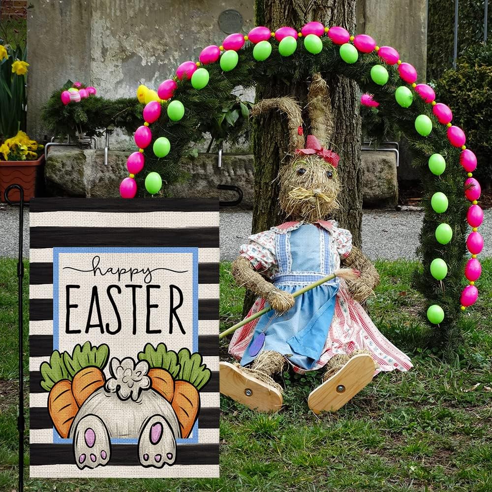 CROWNED BEAUTY Happy Easter Garden Flag Rabbit 12×18 Inch Double Sided Carrots Stripes Outside Vertical Small Holiday Yard Decoration