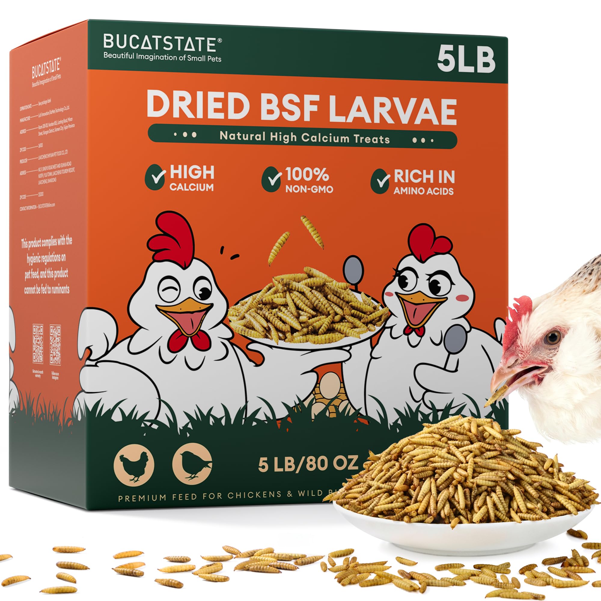 BUCATSTATE Dried Black Soldier Fly Larvae for Chickens and Ducks, 5LB
