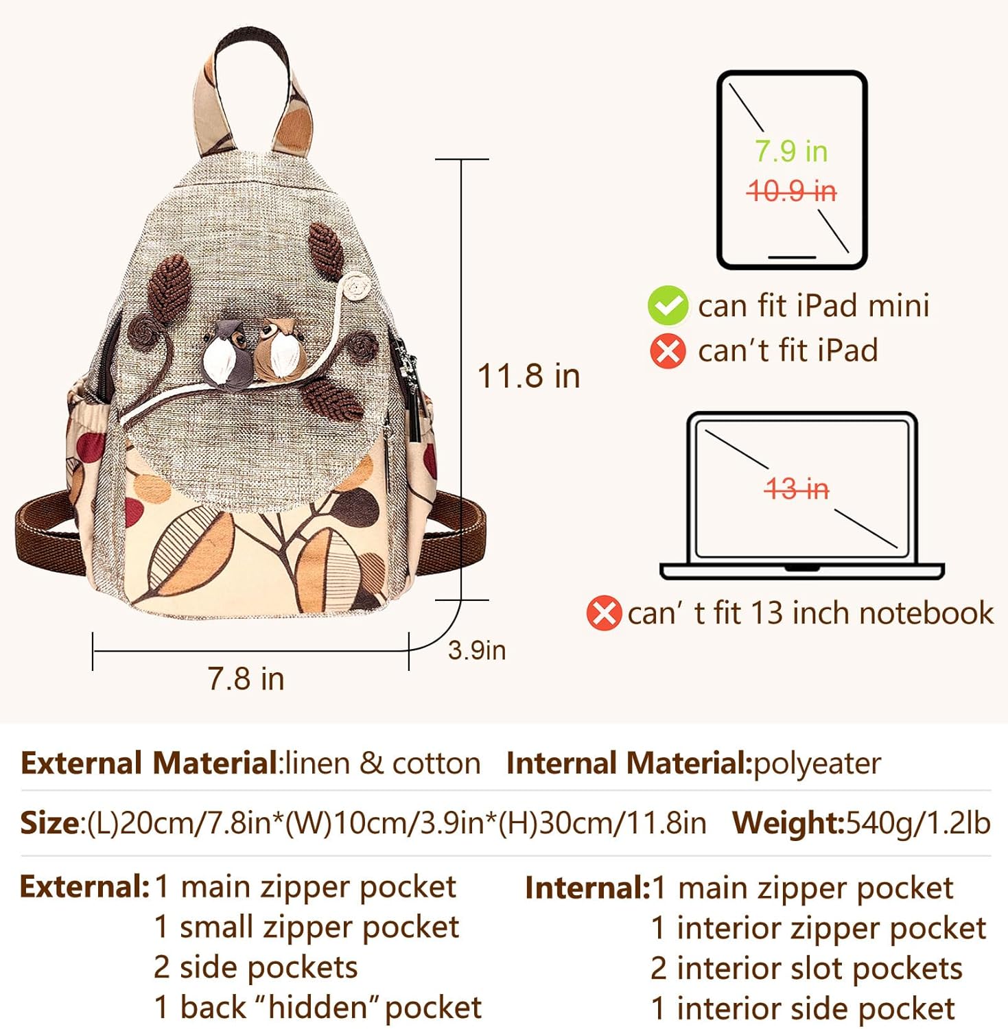 Cute Small Cotton Hand Craft Backpack Purse Mini Multi Pocket Casual Daypack for Women(bird) - Image 3