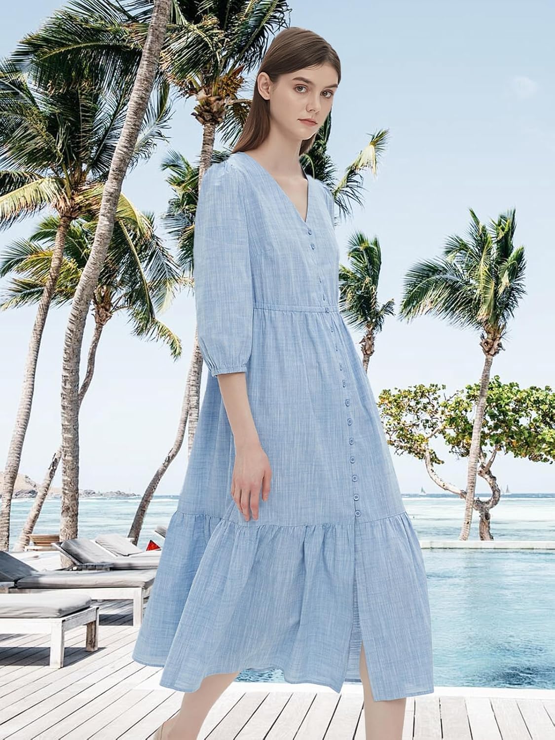 D-Sun Women's V Neck 3/4 Sleeve Maxi Dress Casual Button Down Tiered Ruffled Flowy Fall Long Dresses - Image 2