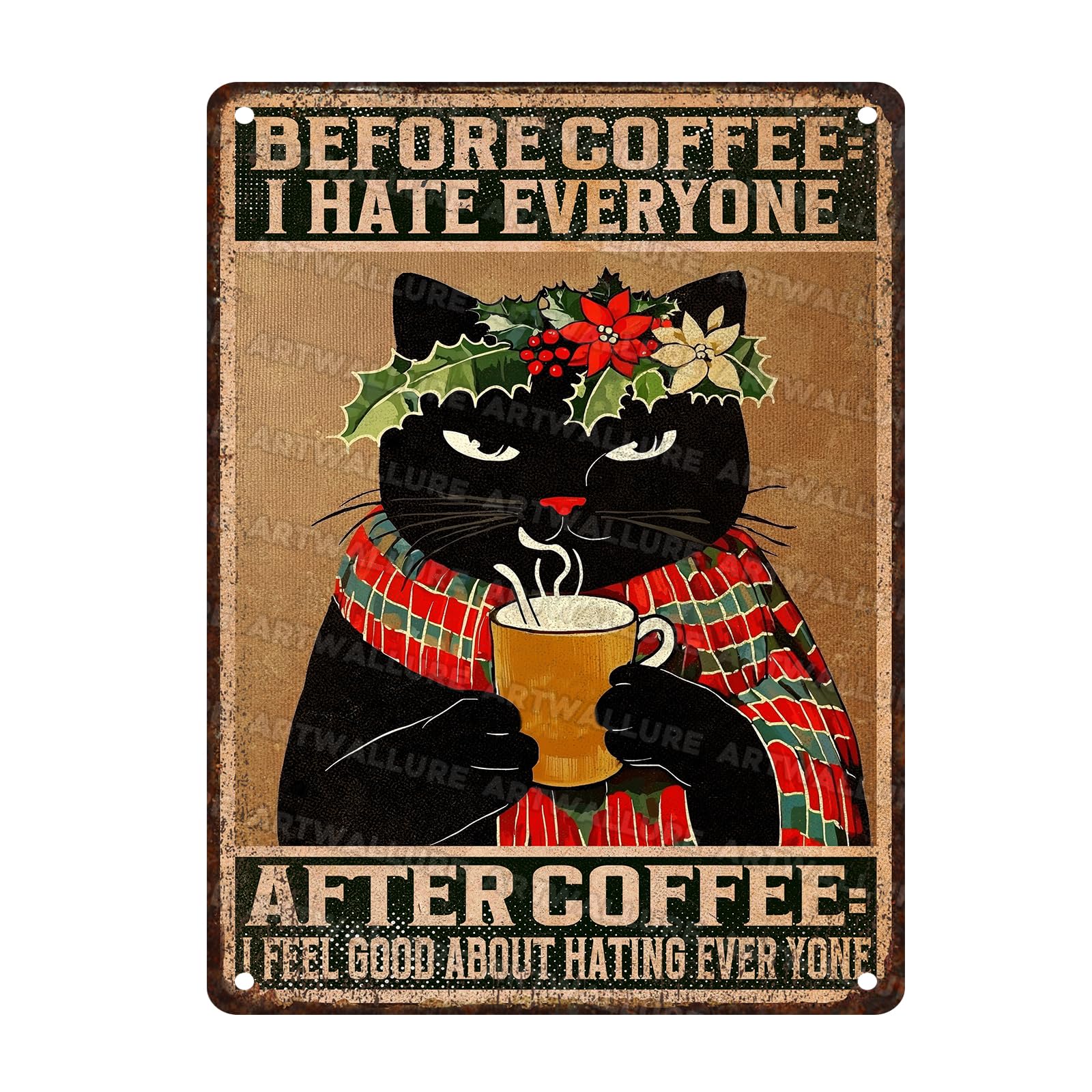 Black Cat Vintage Tin Sign Black Cat Before & After Coffee Funny Metal Sign Wall Decor Rustic Kitchen Wall Decor Sign for Home 12x16inch