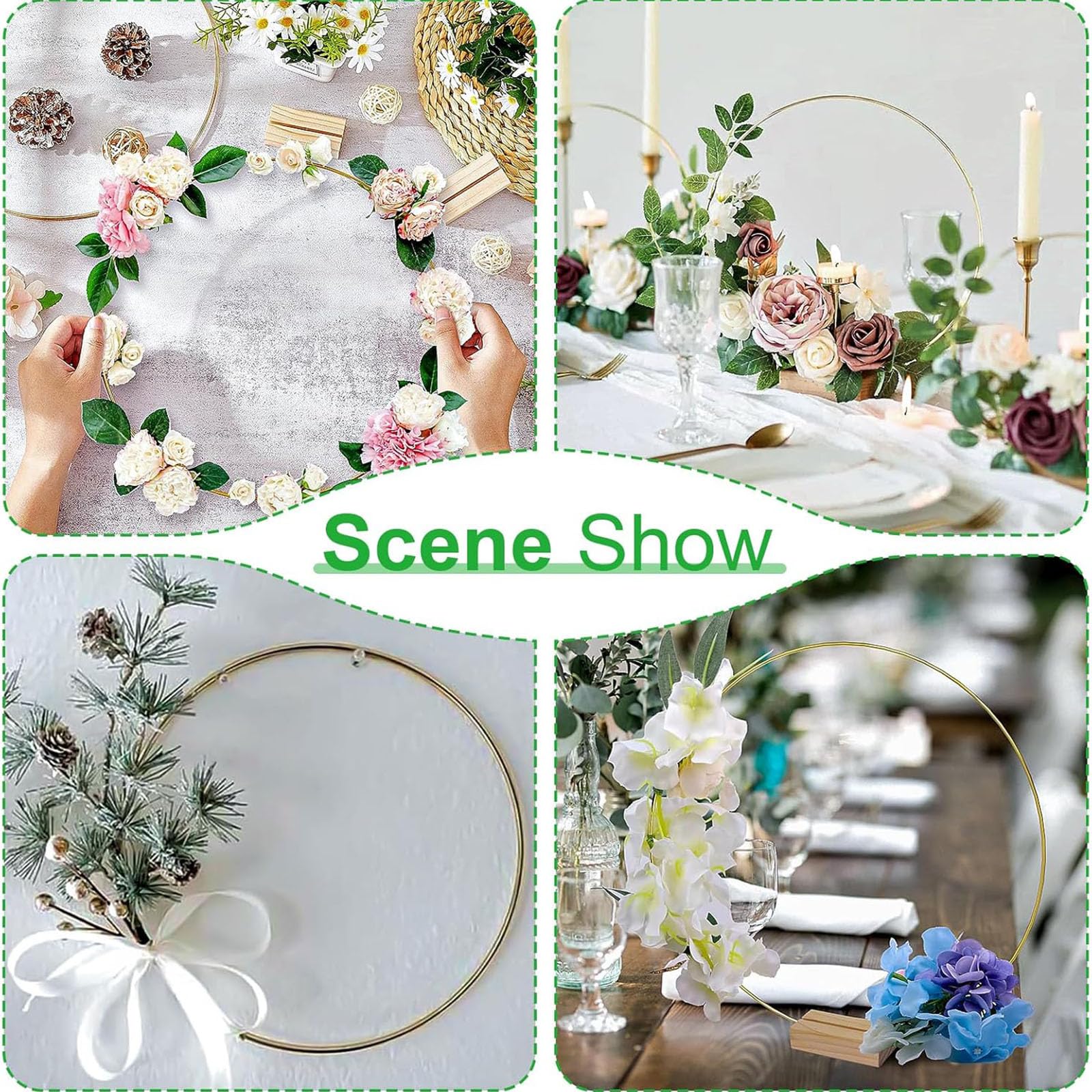 Juego de 8 aros de metal con diseño floral para corona, 12 pulgadas con 8 soportes de madera para hacer decoración de coronas de boda, atrapasueños, manualidades para colgar en la pared (anillo dorado