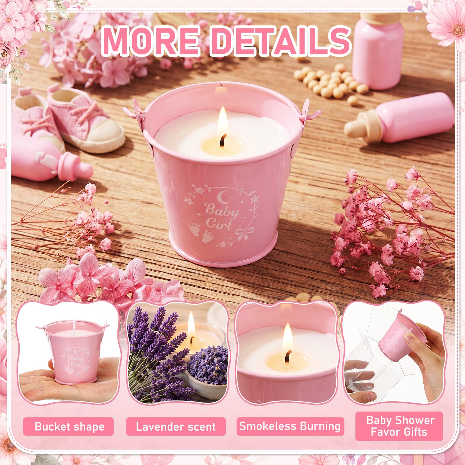 Treela Set di 24 candele per baby shower per ospiti profumate alla lavanda, 51 g, candela in cera di soia rosa secchio di ferro e confezione regalo per neonata rivelazione di genere forniture per