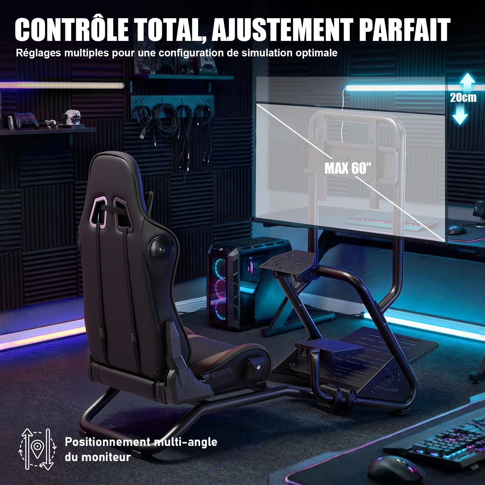 GTPLAYER Simulateur de Conduite, Siège de Simulation avec haut-parleurs stéréo 3D, Support pour écran, Support de volant réglable, Support pour levier de vitesse et pédales, Noir