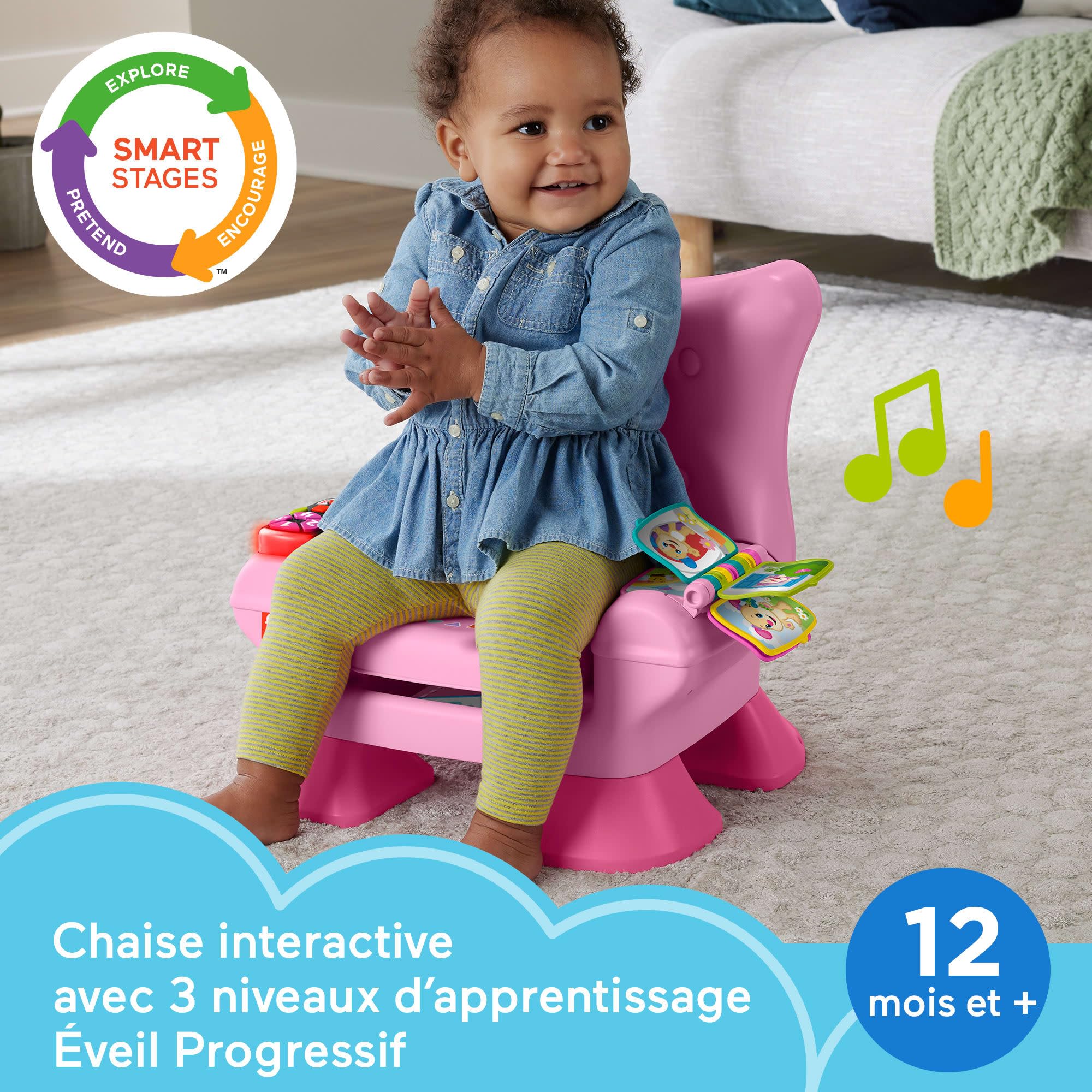 Fisher-Price Chaise Rires & Éveil Smart Stages, multilingue | Anglais, allemand, français, jouet musical rose, lumières & chansons éducatives, activités, enfants dès 1 an, JFF07
