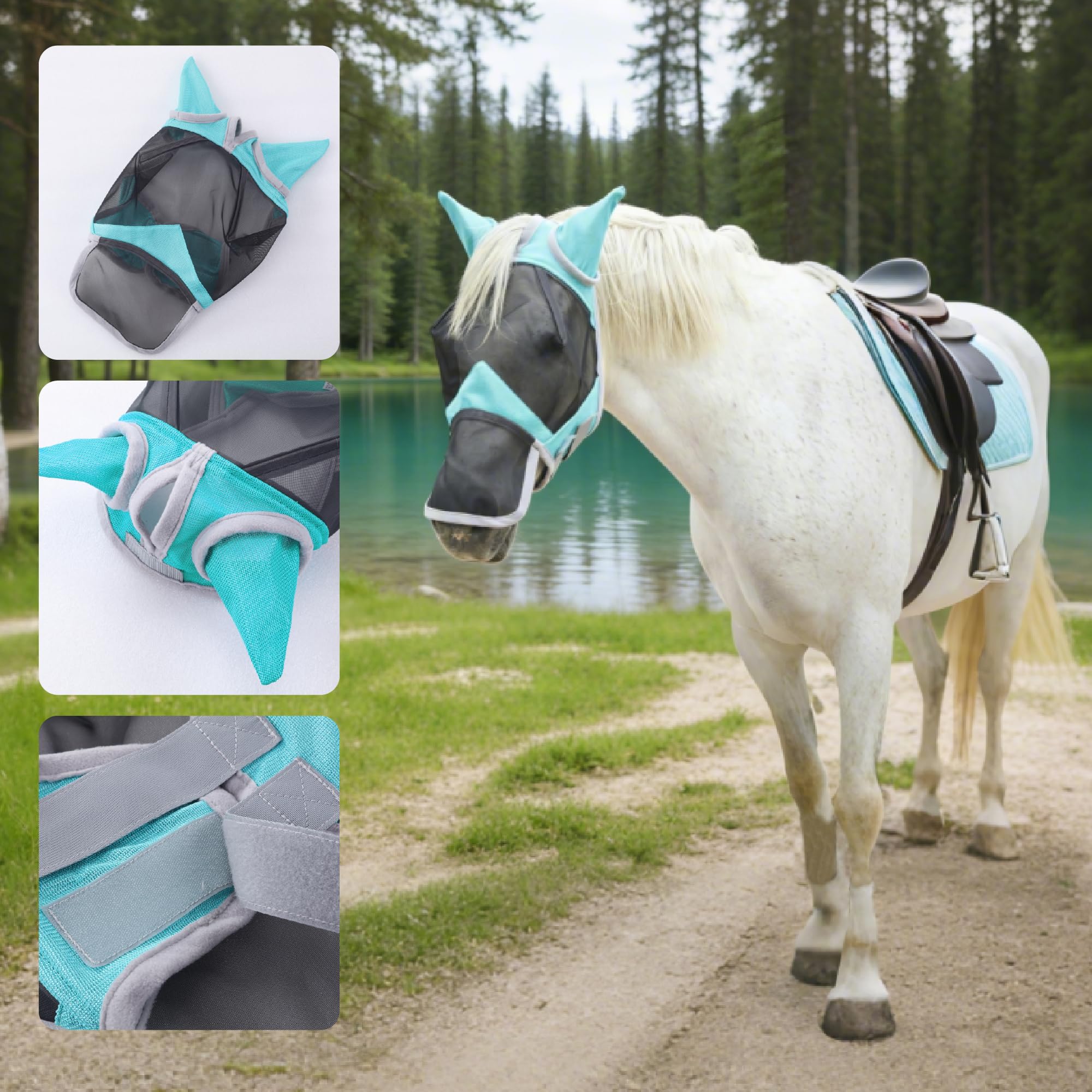 Masque Anti-Mouches pour Chevaux Protection Anti-UV Maille Respirante Turquoise Medium