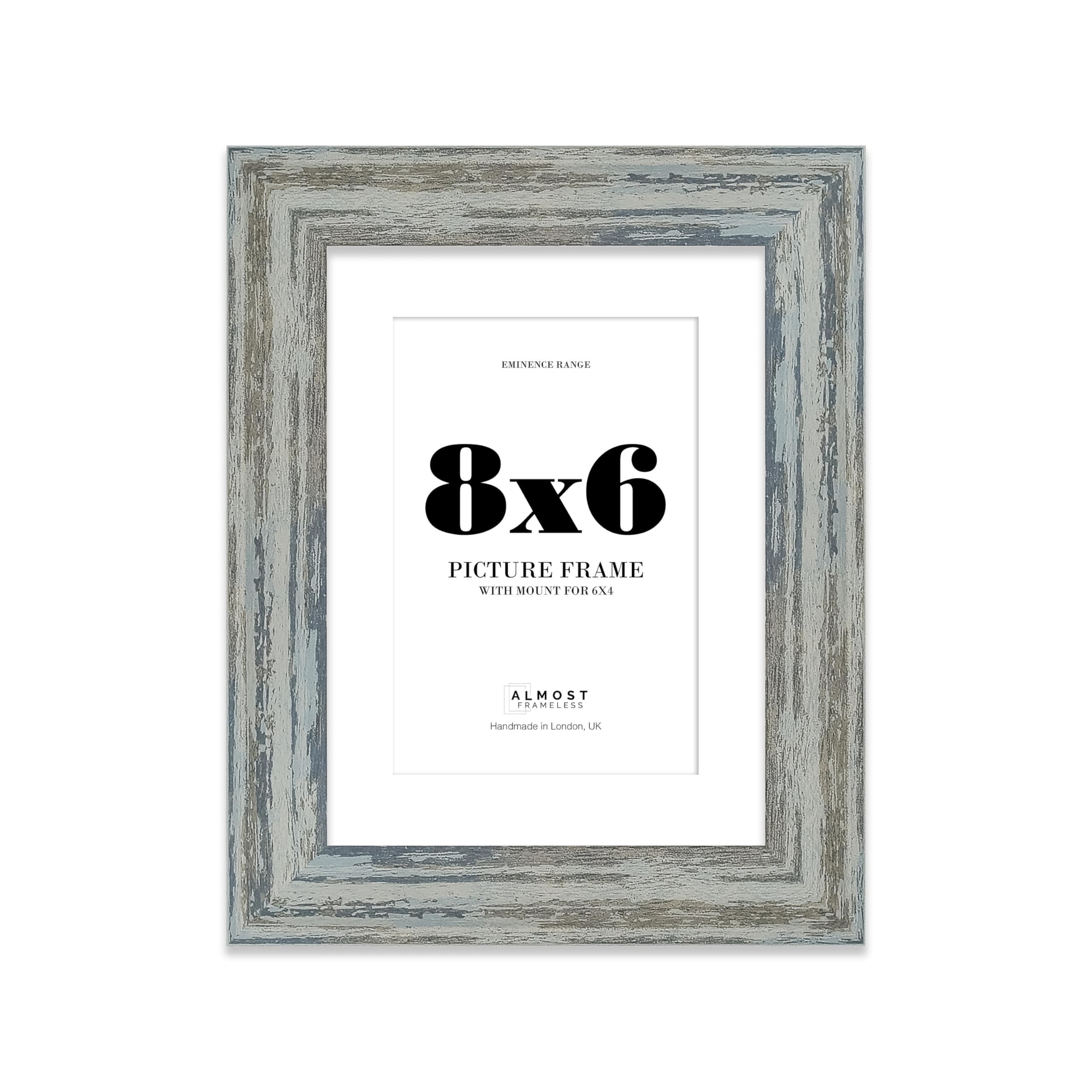 8x6" Distressed Blue Picture Frame with 6x4" Mount - Rustic Photo Frame with Distressed Finish, Wall Hooks and Kickstand, 32mm Edge - 1 Pack