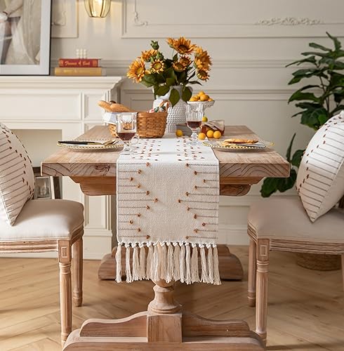 Miniatura 6 de Camino de mesa bohemio de 13 x 72 pulgadas de largo, tejido de algodón natural con borlas para decoración de mesa de comedor del hogar, para