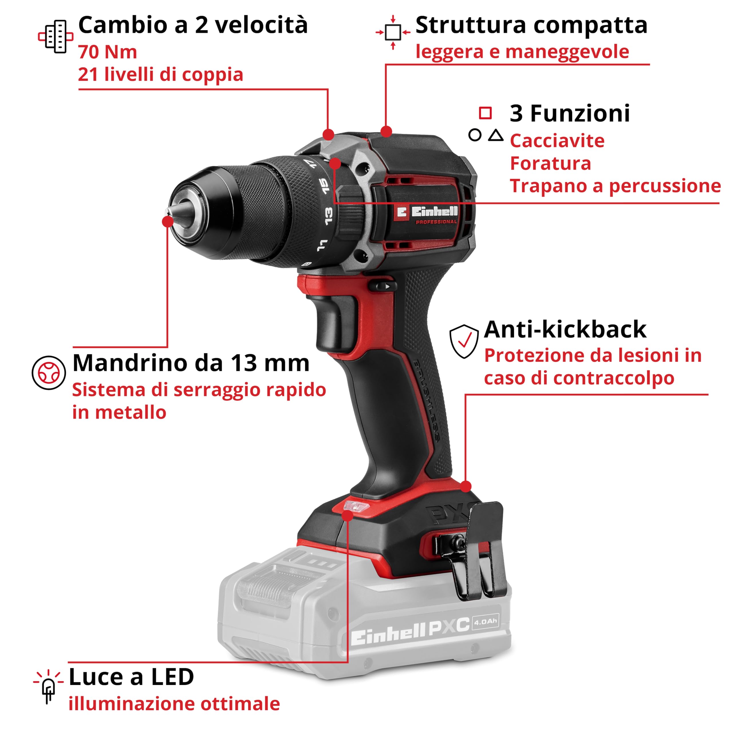 Einhell Professional trapano a percussione a batteria TP-CD 18/70-C Li-i BL - Solo Power X-Change (18 V, Brushless, 70 Nm, anti-kickback, mandrino 13 mm, senza batteria)