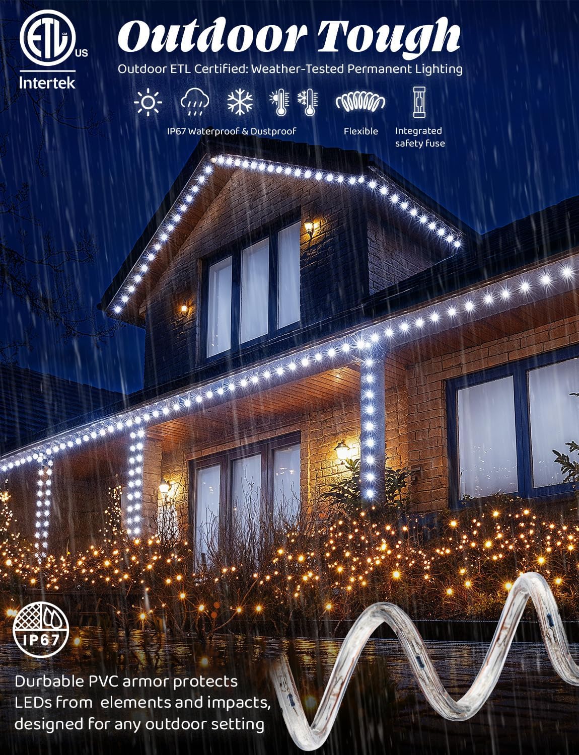 West Ivory 648LEDs, 60ft LED 1/2” Cool White Rope Light w/ 8 Mode Controller, Connectable Outdoor Permanent Waterproof Accent Exterior Lighting, PVC Case, ETL Certified, Holiday, Backyard Patio, Home