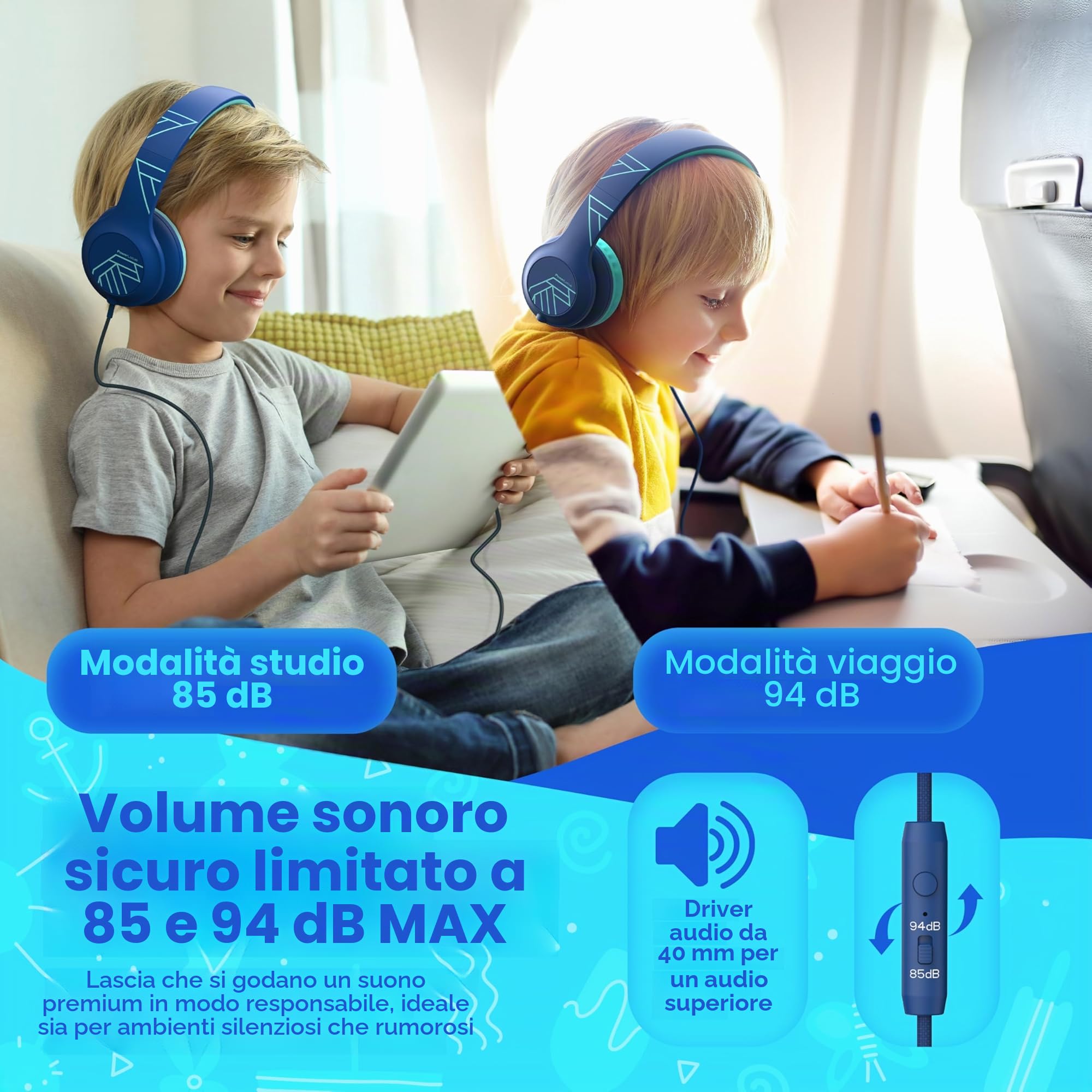 PowerLocus Cuffie per Bambini con Filo, Pieghevoli, Limitazione Volume 85/94dB, 3.5mm Jack, Microfono, Hi-Fi Stereo per Telefono/Viaggio/PC (Blu)