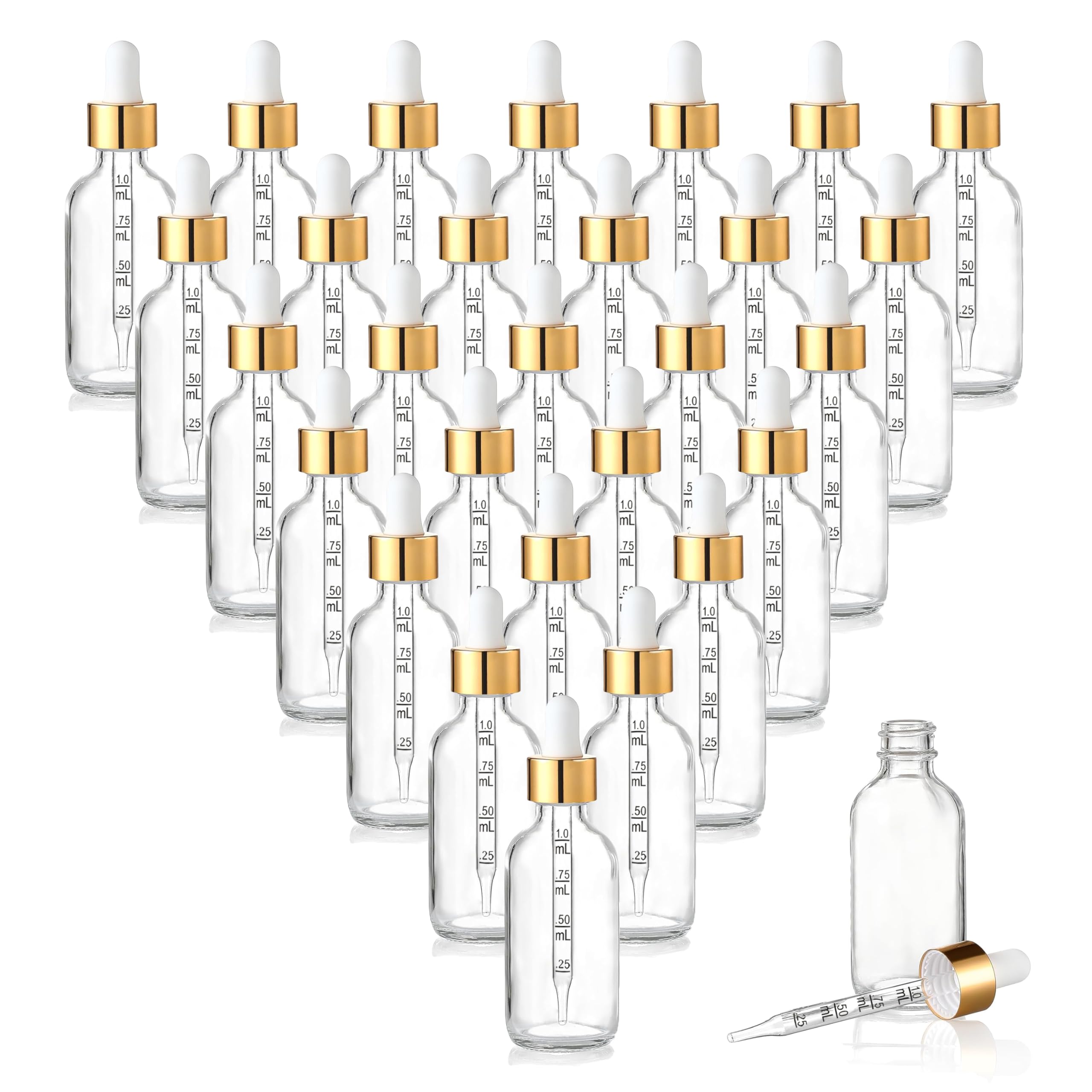 Lot de 20 flacons compte-gouttes en verre transparent de 50 ml avec pipette doseuse, flacons vides en verre pour huiles, teintures, cosmétiques, liquides, étanches, avec étiquettes et entonnoir